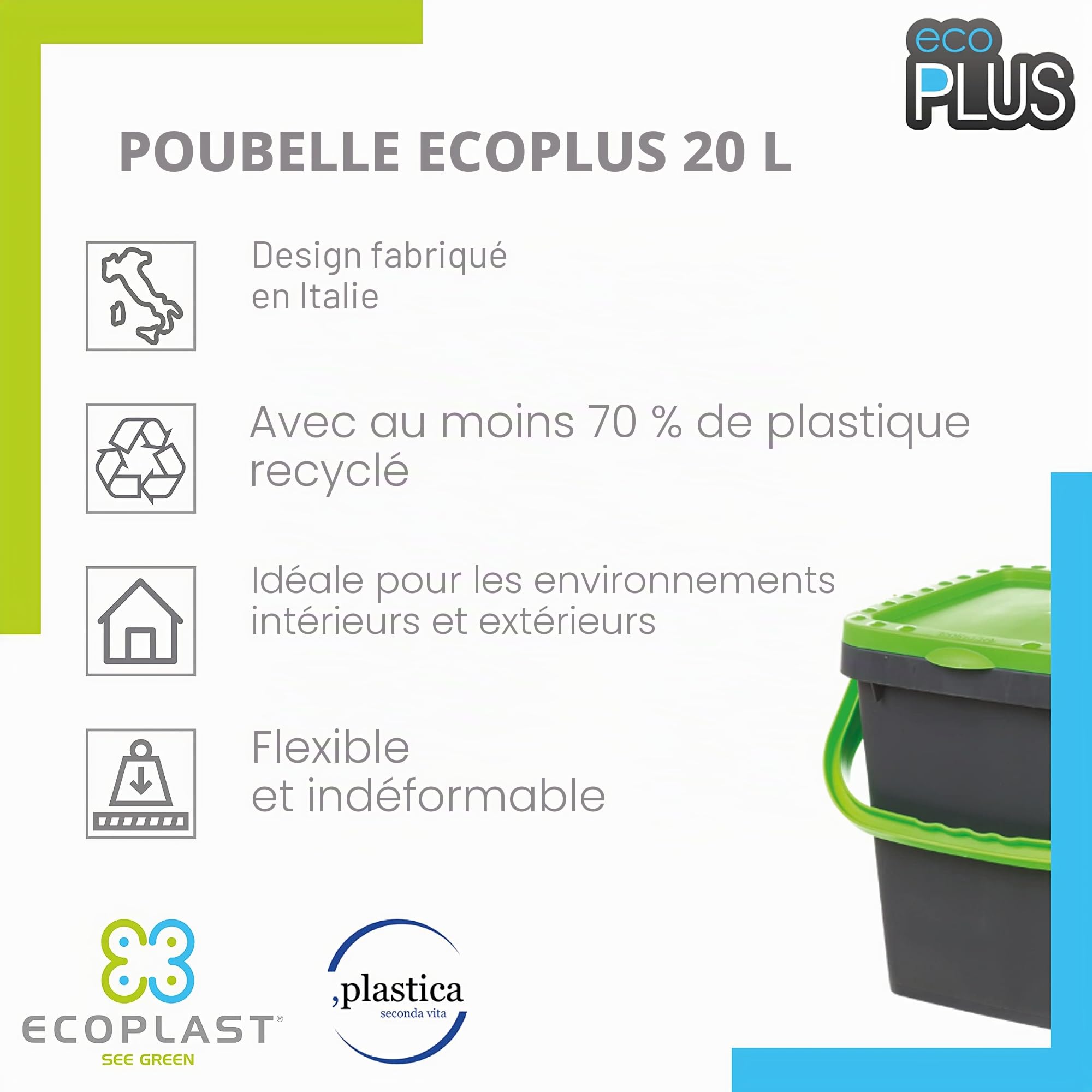 Ecoplast Poubelle collecte différenciée 20 l plastique recyclée vert 34,5 cm