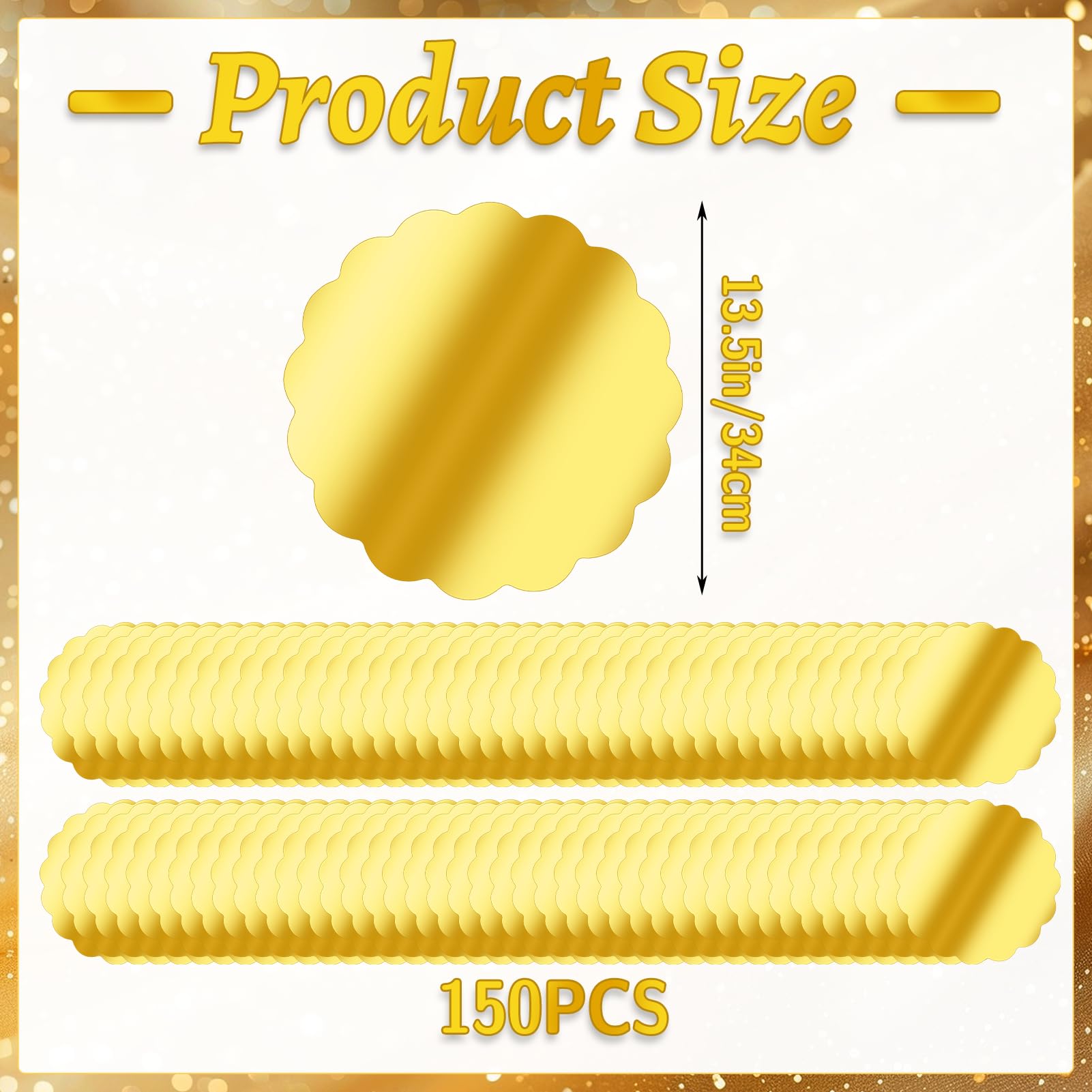 150 manteles individuales de papel dorado festoneado para platos de cena, manteles individuales desechables redondos de 13.5 pulgadas, a granel para Navidad, boda, fiesta de cumpleaños