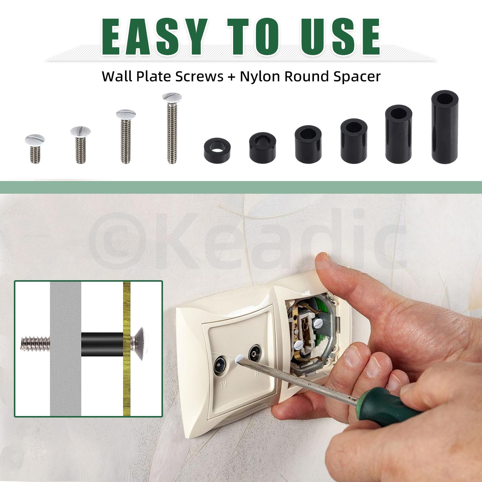Keadic 245 unidades de tornillos de enchufe eléctrico, espaciadores, surtido, negro, nailon, espaciador, 6-32, tornillos de pared largos, para interruptor, separadores