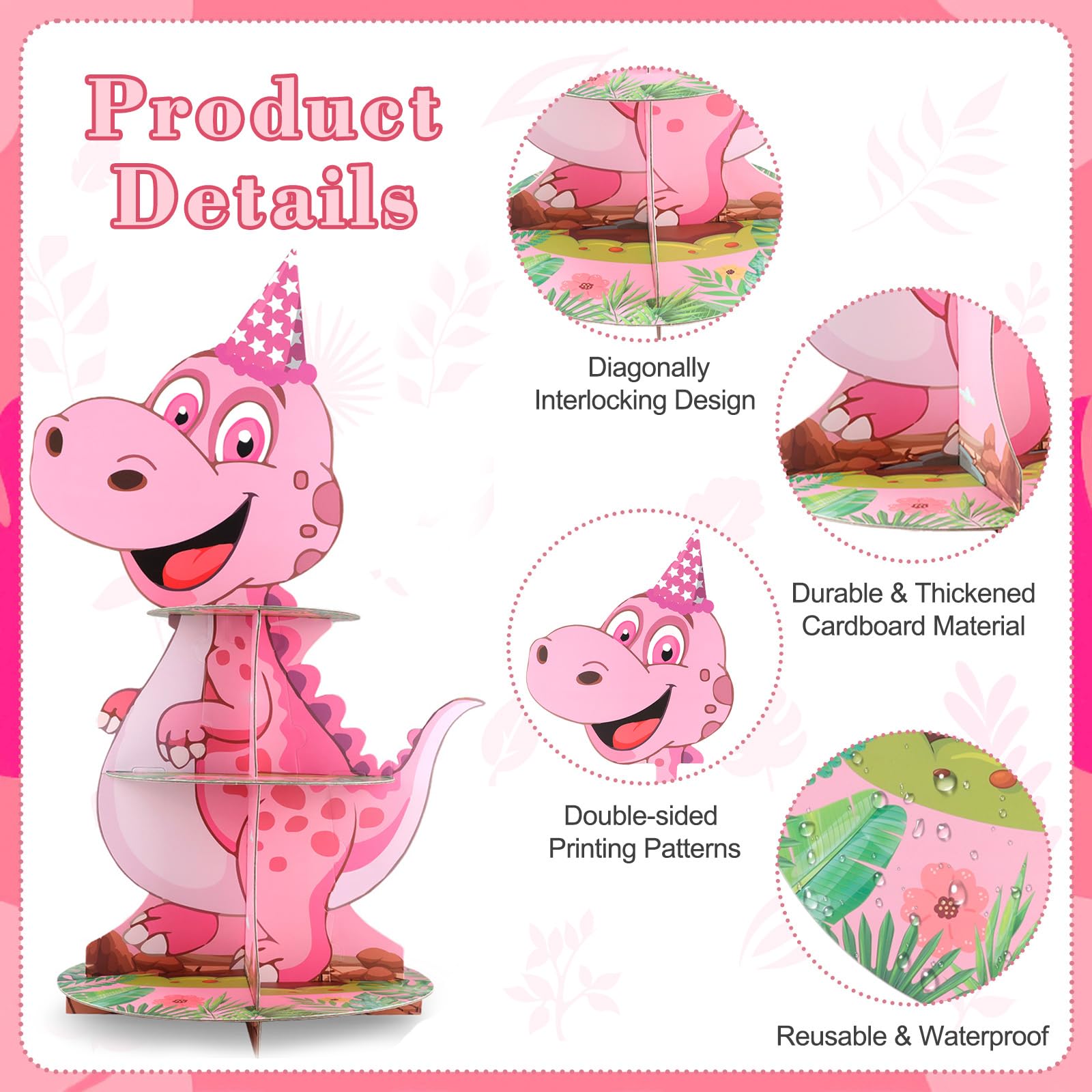 Akwarela dinozaur 3-poziomowy stojak na babeczki, dekoracje urodzinowe dla dzieci, chłopców i dziewcząt, Boże Narodzenie, urodziny, baby shower, artykuły imprezowe (1 szt.)