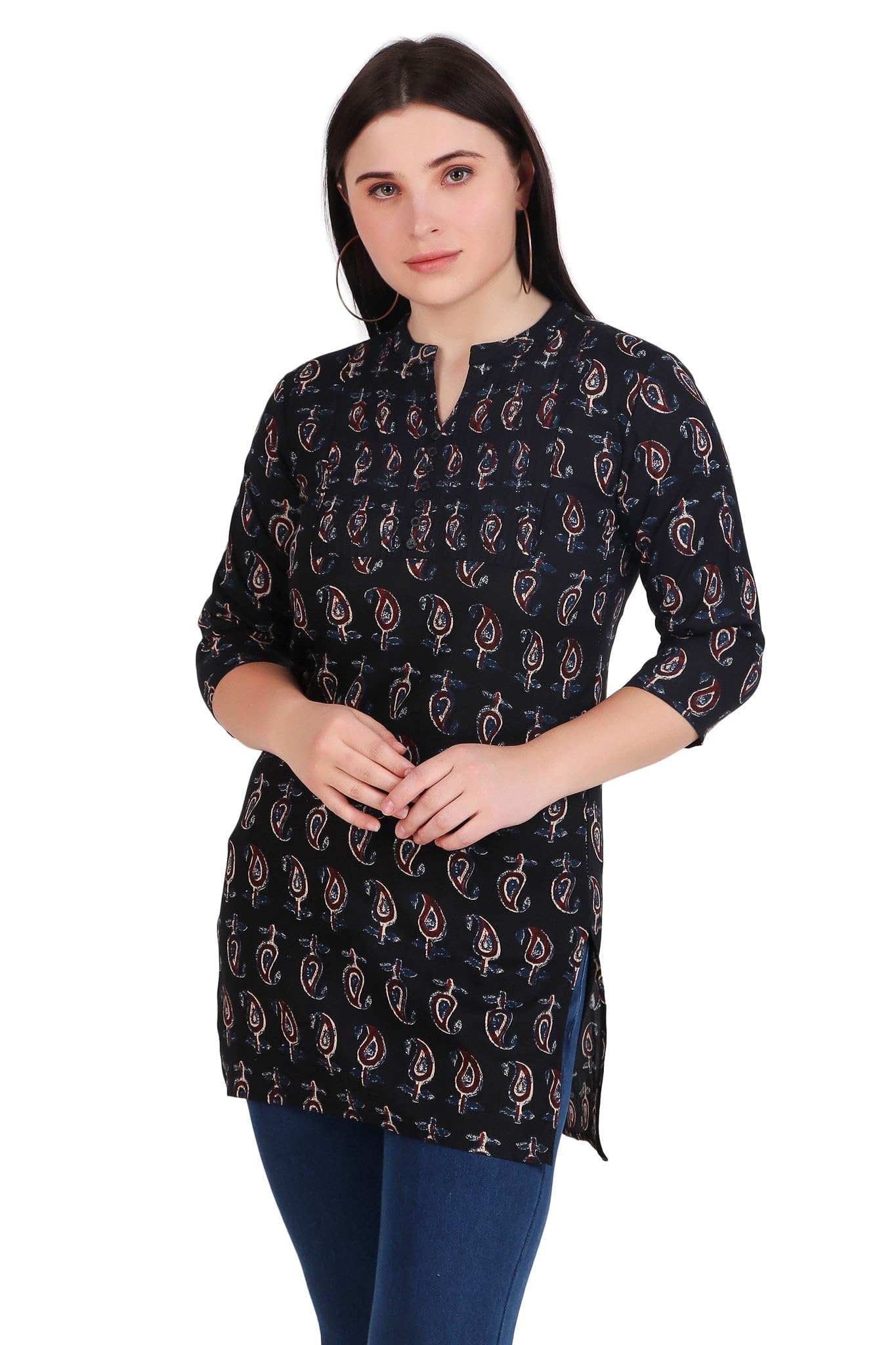 Womens Rayon Printed Short Tunic Top Shirt Stand Collar Pintucks Button Kurti kurta Blouse