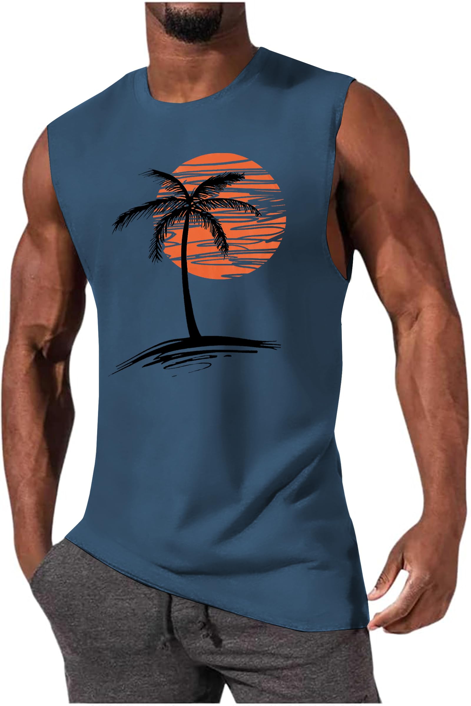 Mens Summer Beach Tank Top Tropical Hawaiian Palm Tree Print Sleeveless Shirts Muscle Tee Vacation Shirts