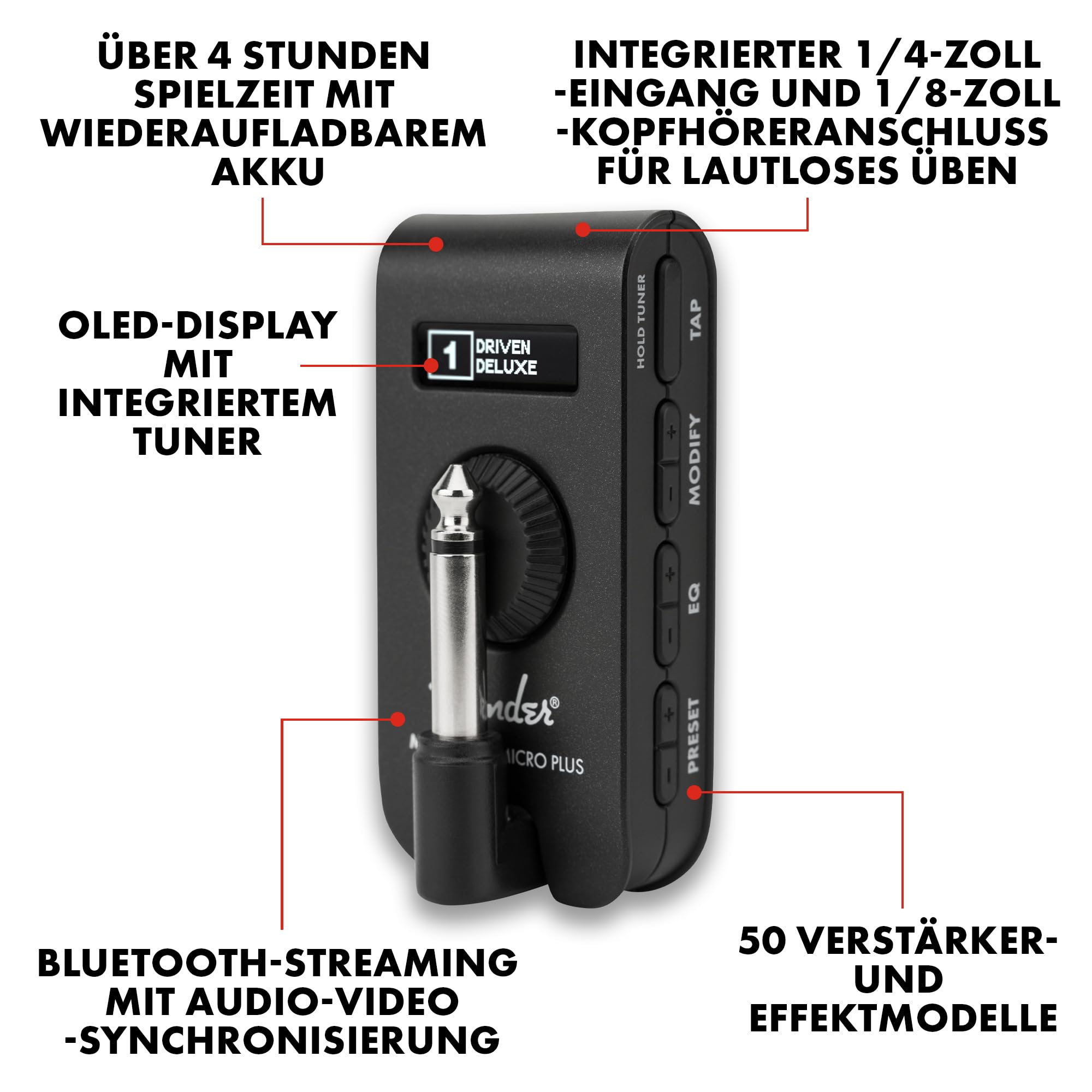 Fender Mustang Micro Plus Gitarrenverstärker, Ultimativer Persönlicher Kopfhörerverstärker mit 25 Verstärkermodellen, 25 Effekten, Bluetooth und 100 Presets, USB Wiederaufladbar