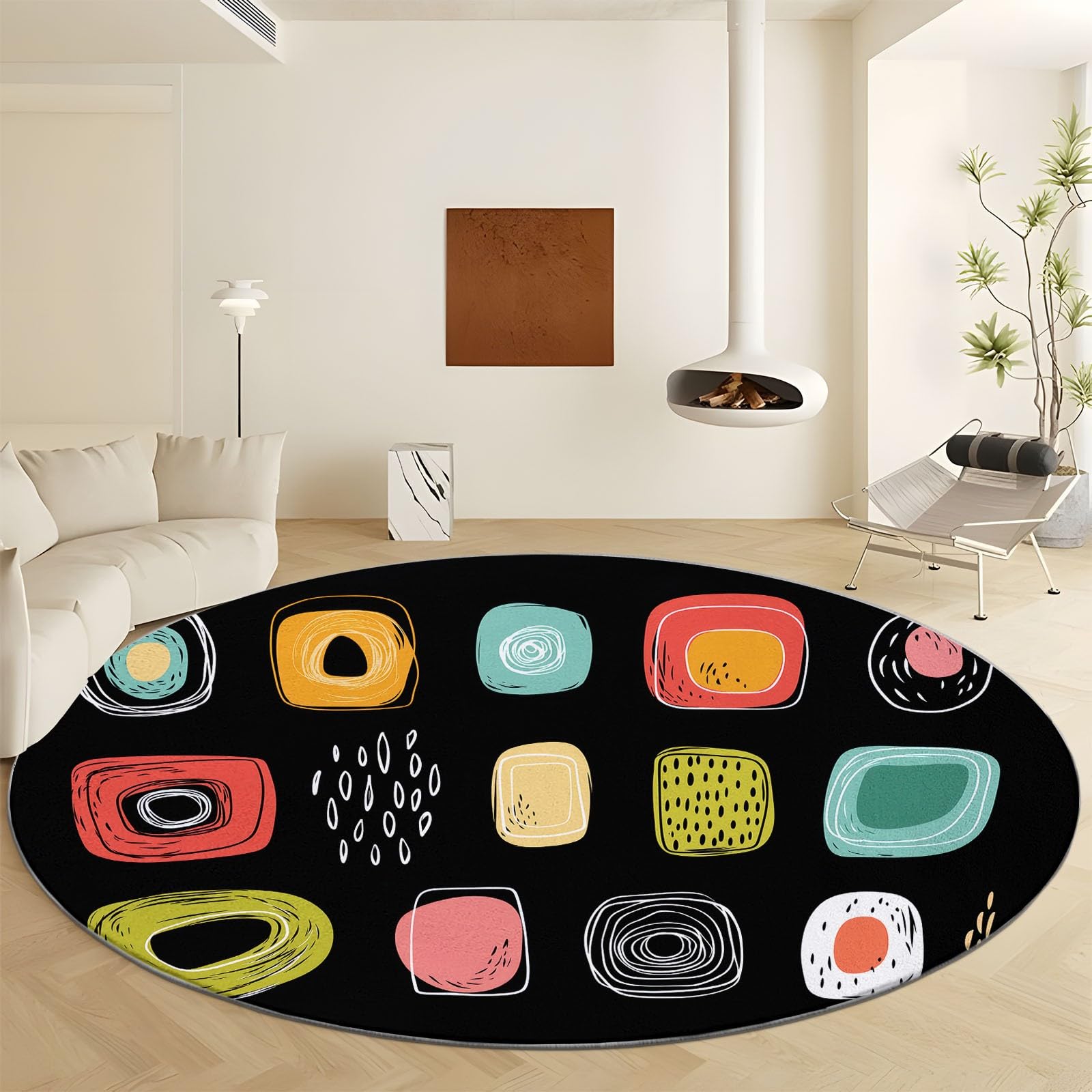 Tapis rond noir 60 cm lavable à motifs géométriques pour salon