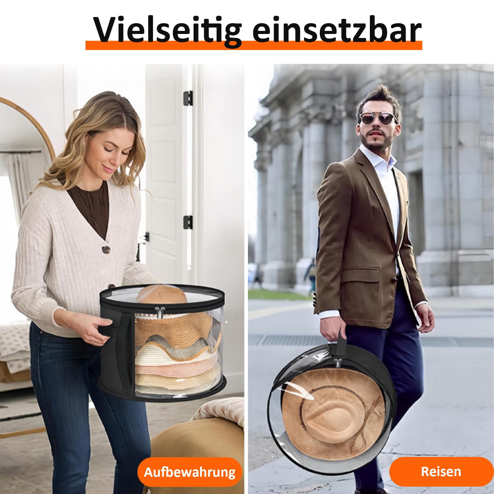 Scatola per cappelli rotonda con coperchio, valigia per cappelli rotonda, scatola per la conservazione dei cappelli con finestra trasparente e manico stabile, conservazione per cappelli per grandi