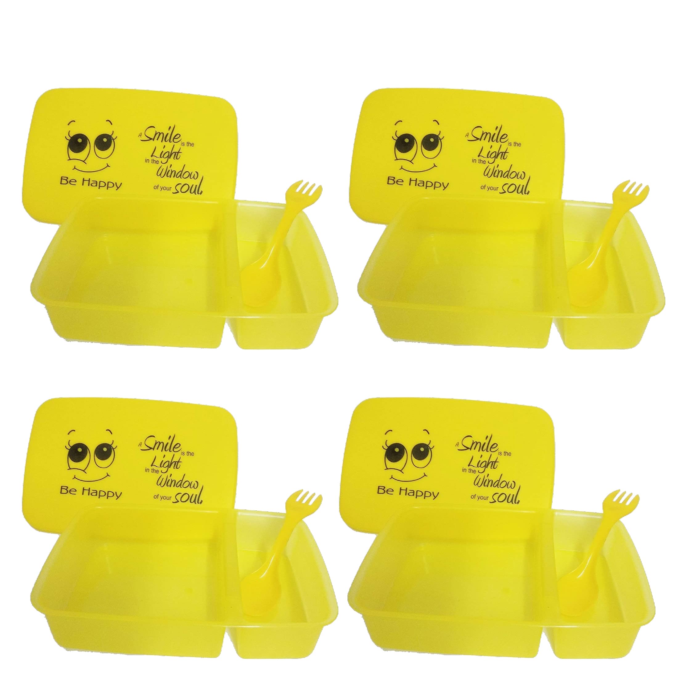 ShubKraft Smiley 2 Compartment Plastic Lunch Box for Kids with Fork Set Birthday Party Return Gifts in Bulk for Kids Girls/Boys (Pack of 4)