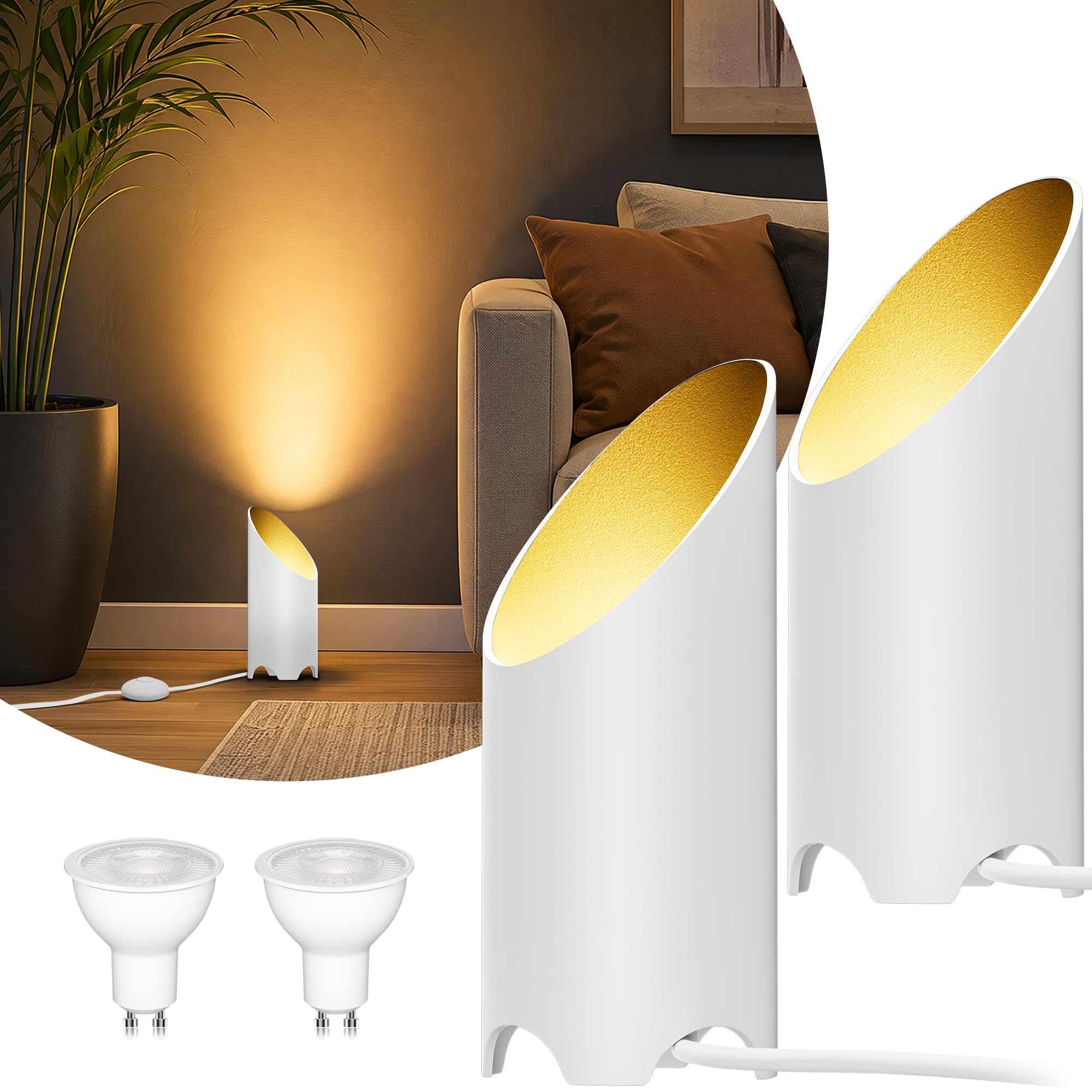 Yimaifunly LED Bodenstrahler Innen Wohnzimmer: 3000K 7W GU10, Weiß, 2 Stück | 3000K warmweißer LED Uplight Spot mit Fußschalter und 1,8 m Kabel für indirekte Beleuchtung, Pflanzen, Bilder und Sofaecken