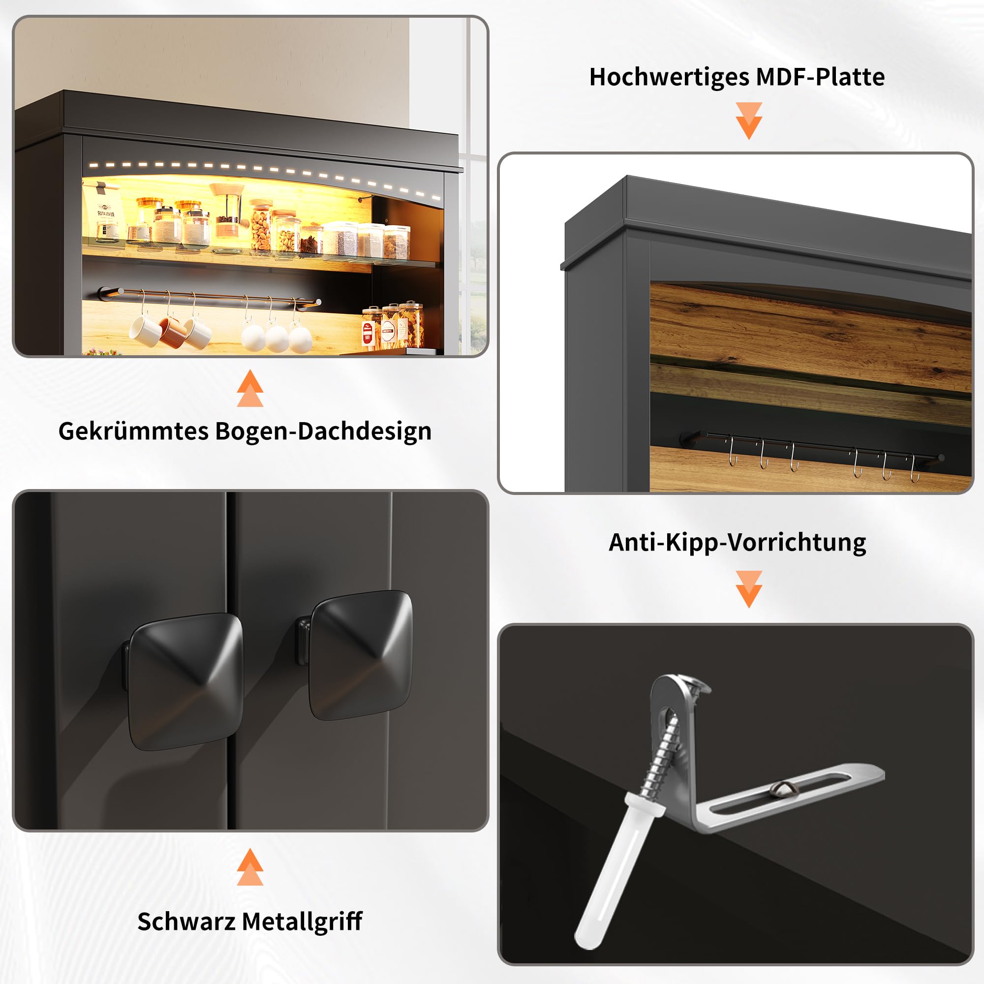 Kebnor Mobile da cucina, mobile da cucina alto (107x43x184 cm), vetrina, credenza, credenza con illuminazione a LED, ripiano aperto, nero