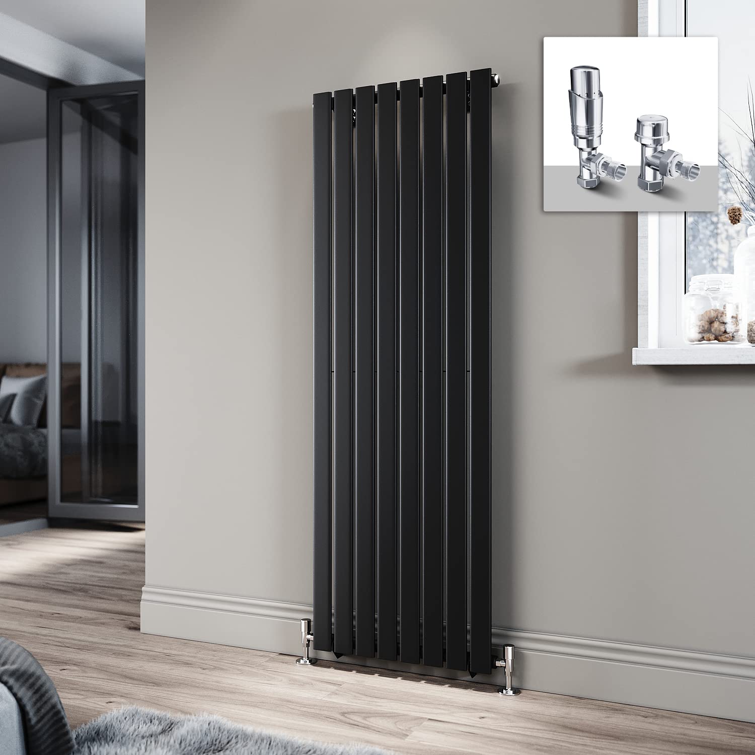 ELEGANT 1600 x 408mm Radiator Black Vertical Radiator Flat Panel Designer Radiator Single Panel Tall Upright Central Heating Radiator with Chrome Thermostatic Valves