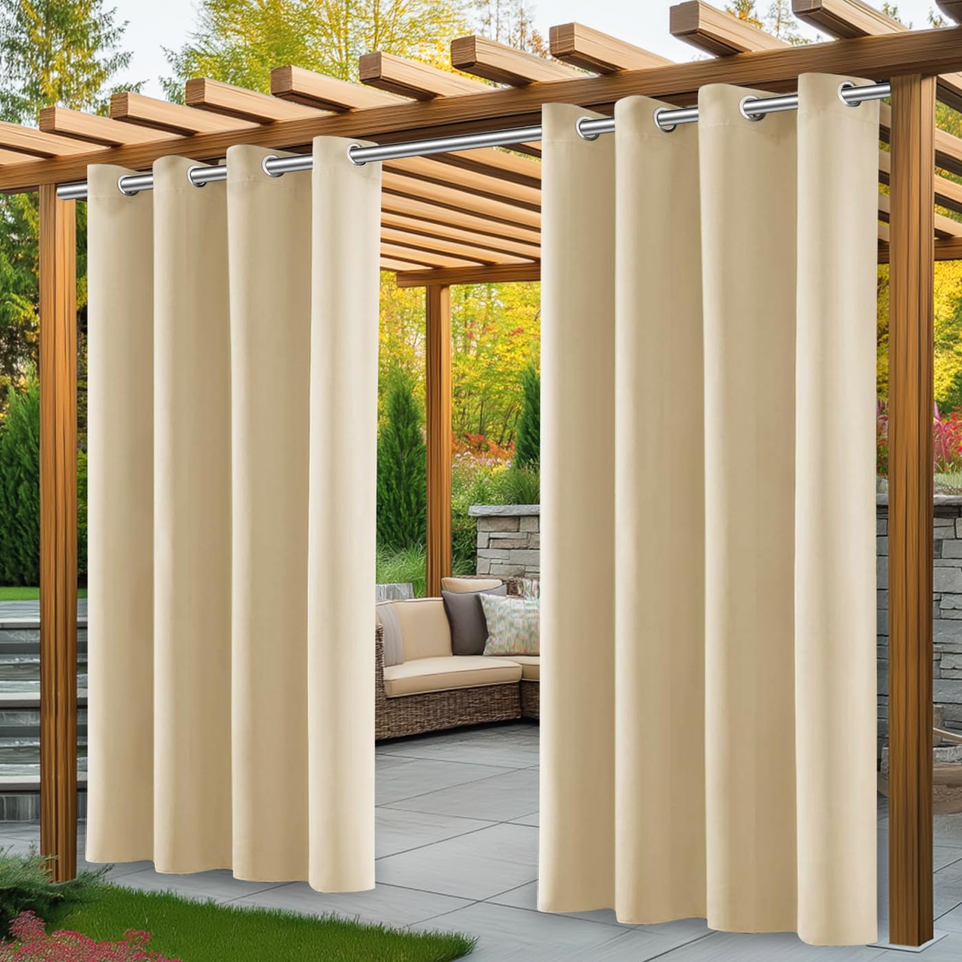 Outdoor Vorhang Wetterfest, 2er Stück Set Outdoor Vorhänge Wasserdicht mit Ösen Oben, Sonnenschutz Sichtschutz outdoorvorhänge für GardinenTerrasse Balkon Pavillon pergola(132 * 215cm, Beige)