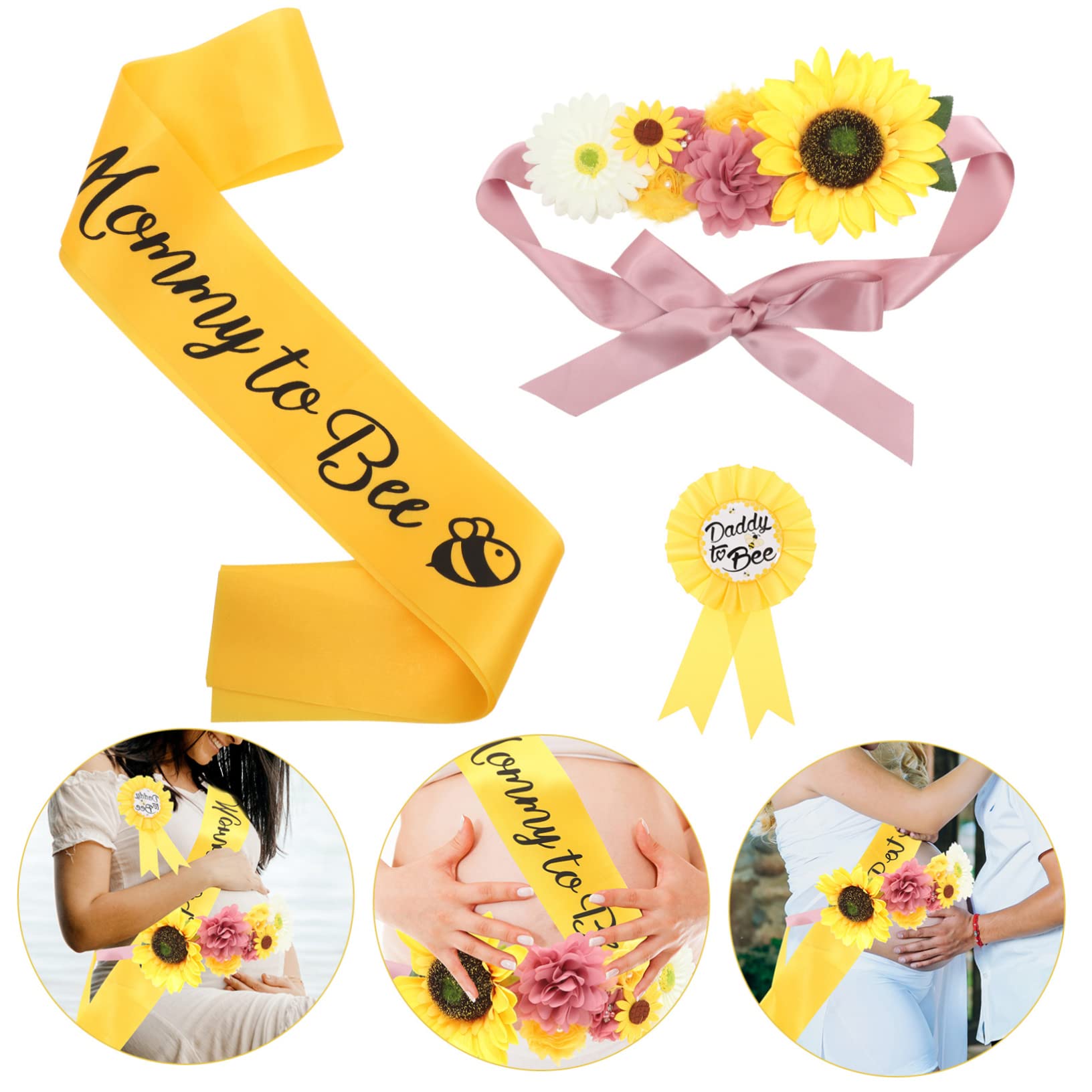 BESTonZON 3 Set ornamento di girasole abito mamma da fasciare baby shower forniture per baby shower di maternità fiore del sole Accessori cintura corpetto bambino spillo Poliestere