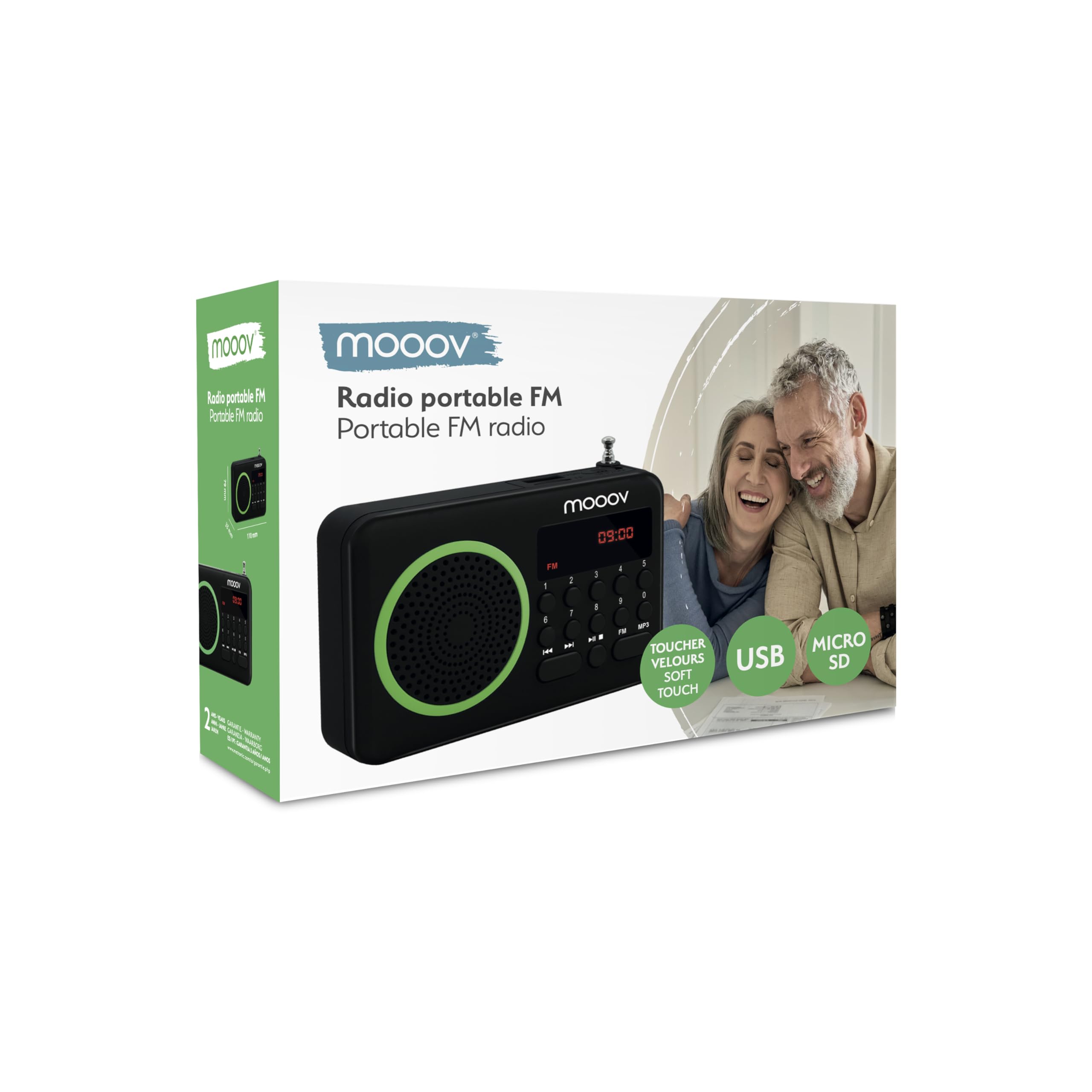 Metronic 477202 - Radio portátil FM compacto con puerto USB, lector tarjeta Micro SD, color negro/verde