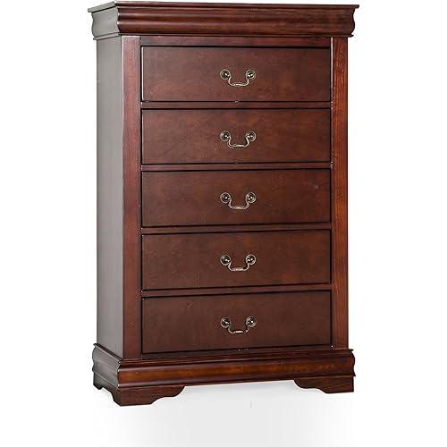Furniture of America Louis Philippe Traditional Wooden Chest of Drawers with Clothing Storage and Antique Nickle Handles, 5-Drawer Cabinet, Tall Dresser for Bedroom, Guest Room, Space Saving, Cherry