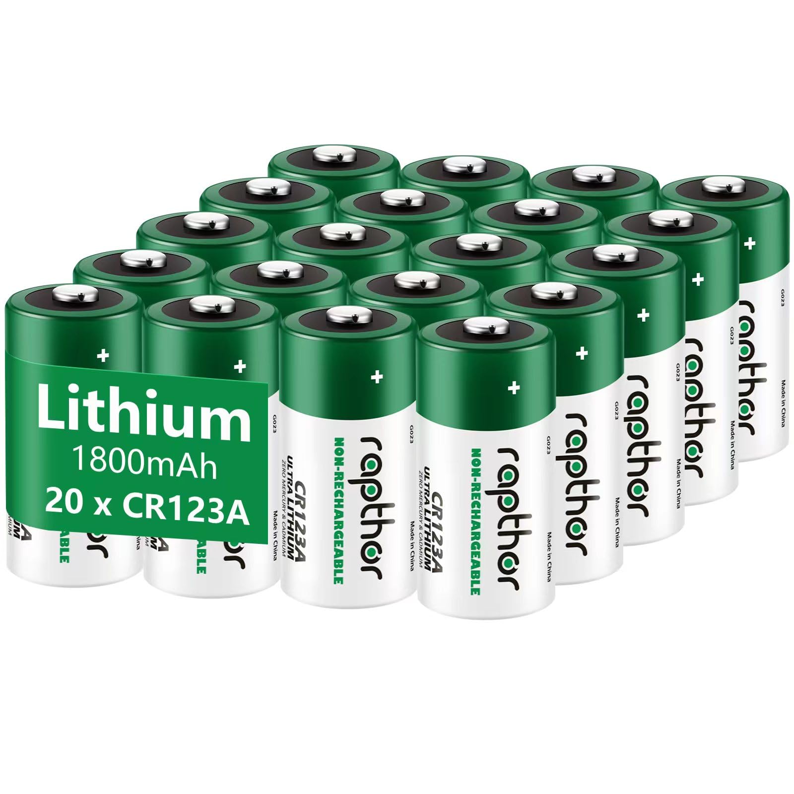 rapthor Lot de 20 piles au lithium CR123A 1800 mAh 3 V CR123 123 A CR17345 non rechargeables pour lampes de poche, détecteurs de fumée, système d'alarme
