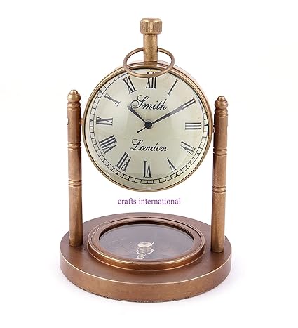 Brass Antique Desktop Clock with Compass Nautical Home Office Decor Desk Top