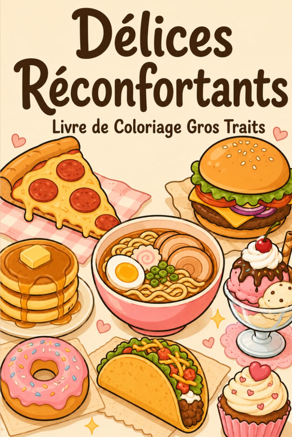 Délices Réconfortants : Un Livre de Coloriage en Gros Traits: Pizza, Burgers, Pâtes, Tacos, Ramen, Sushis, Gâteaux, Donuts et Douceurs