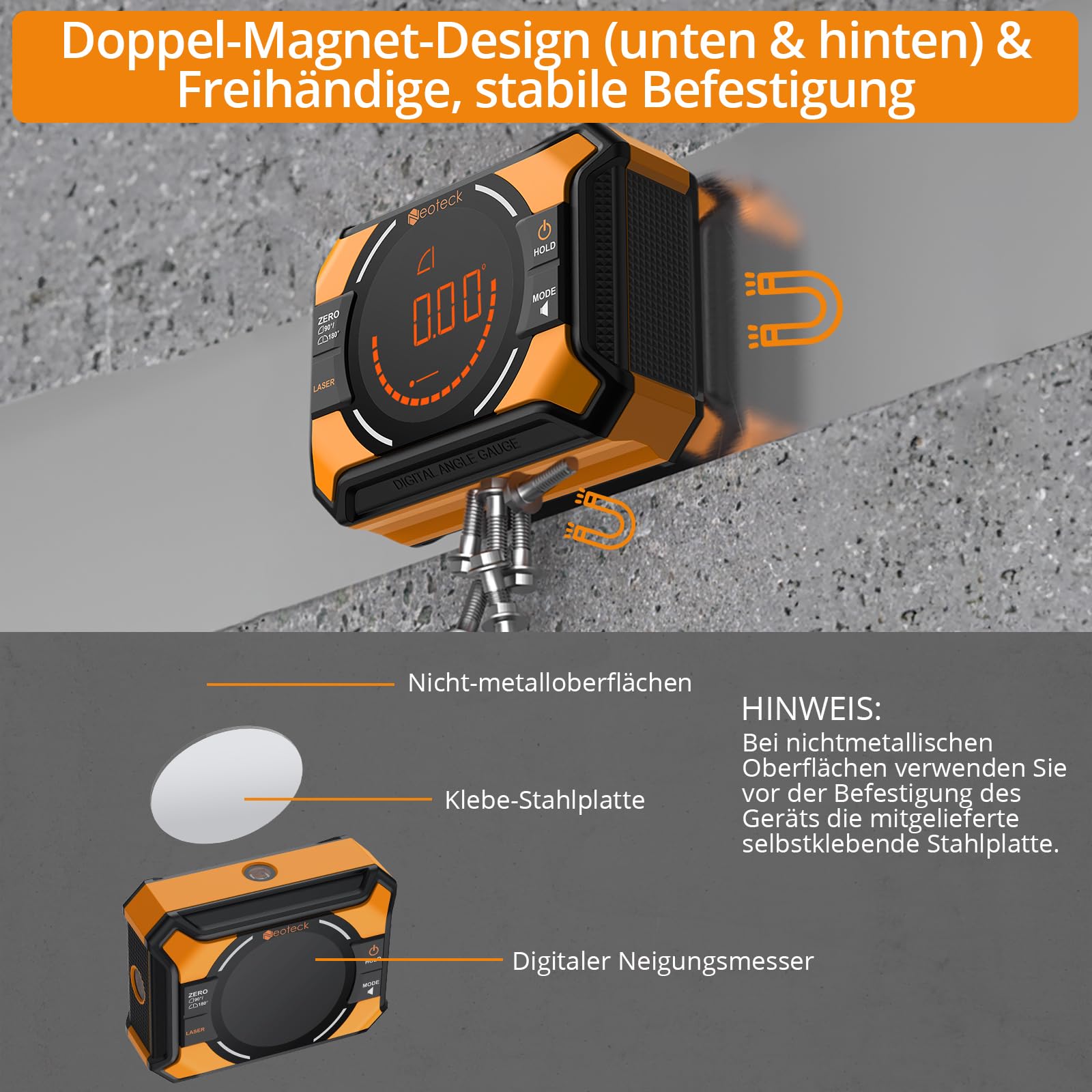Neoteck Digitaler Winkelmesser 3 IN 1 Neigungsmesser Laser Wasserwaage mit LED Display, Kreuzlinie für Holzarbeiten, Säge, Hängerahmen, DIY