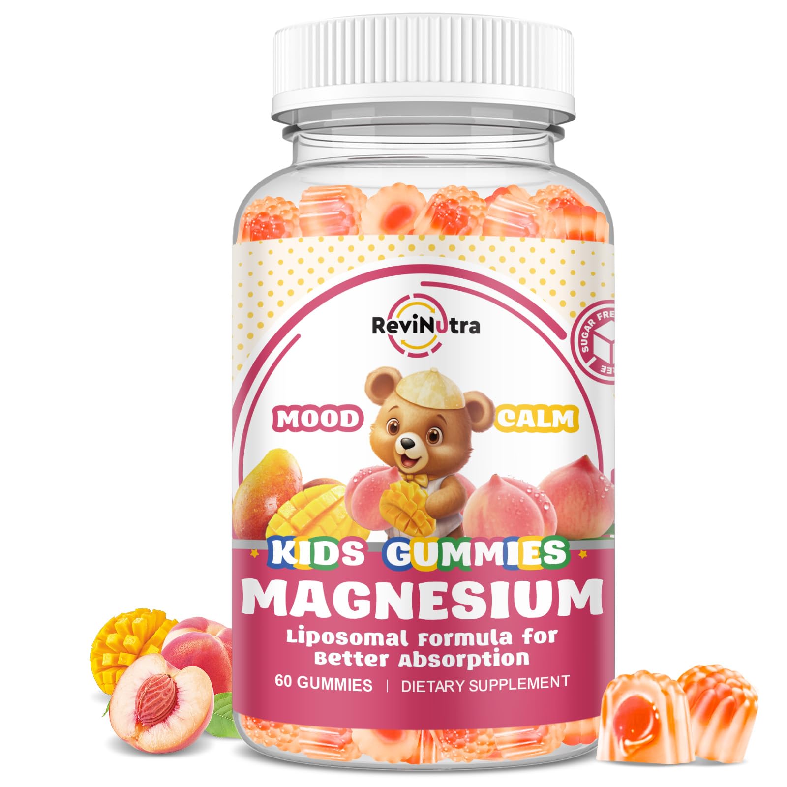 Liposomal Kids Magnesium Gummies- Magnesium Glycinate Gummies for Kids Supplement-w/Omega-3, Vitamin B6, D3- Support Calm Stress Relief, Bones, Mood, Peach & Mango Flavor, 60 Count Peach & Mango 60 Count (Pack of 1)