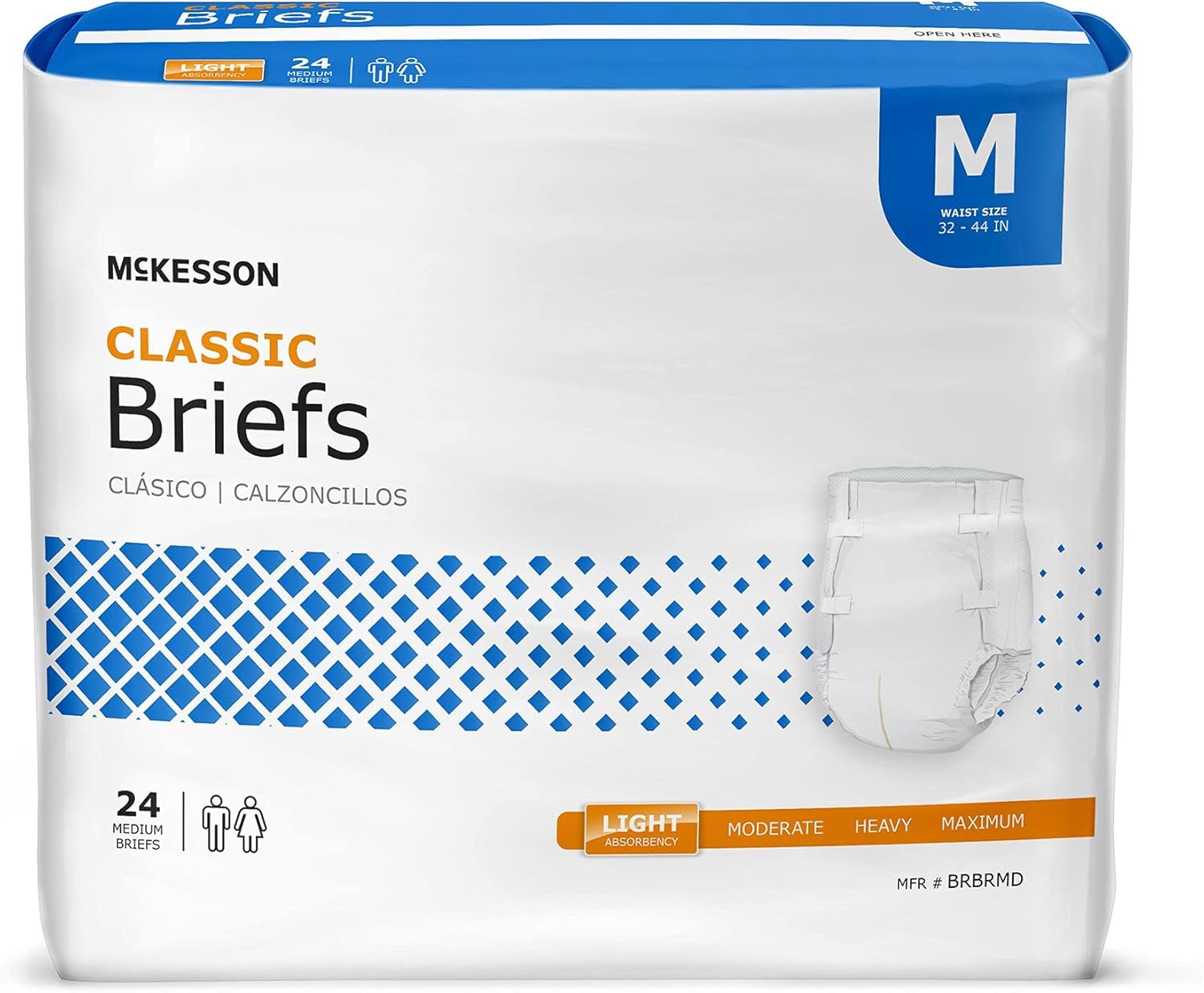 McKesson Classic Briefs, [96 Count], Medium, 32-44 in. Incontinence Adult Diapers, Light Absorbency, Unisex, Disposable, Elastic Leg Gathers and Contoured Fit for Men and Women