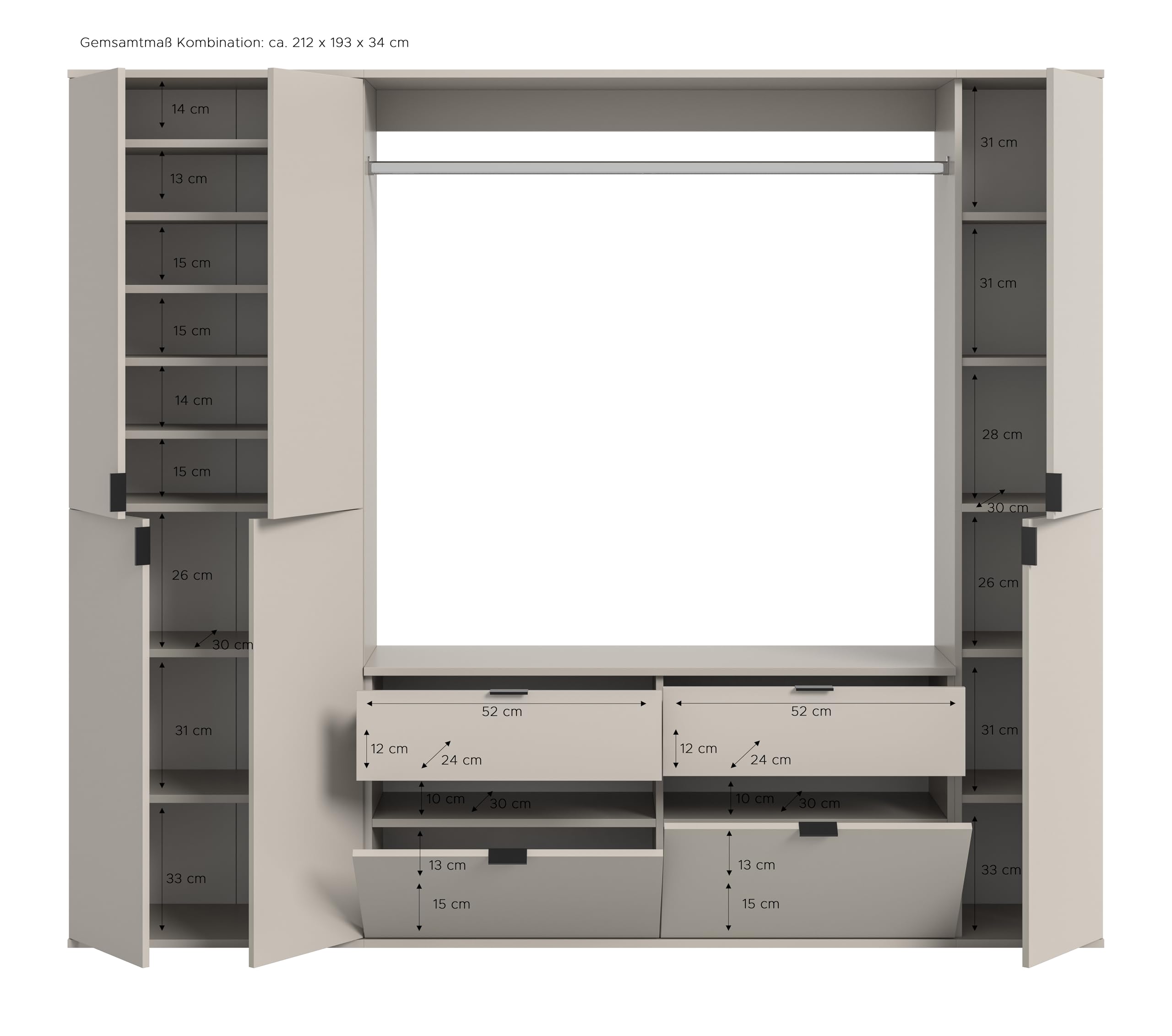 xonox.home – 3 TLG. Garderobenkombination Projekt X 212x193x34 cm in Kaschmir Melamin – Set mit breitem Hochschrank, breiter Kommode & Wandboard – Großzügige Schrankkombination für die ganze Familie