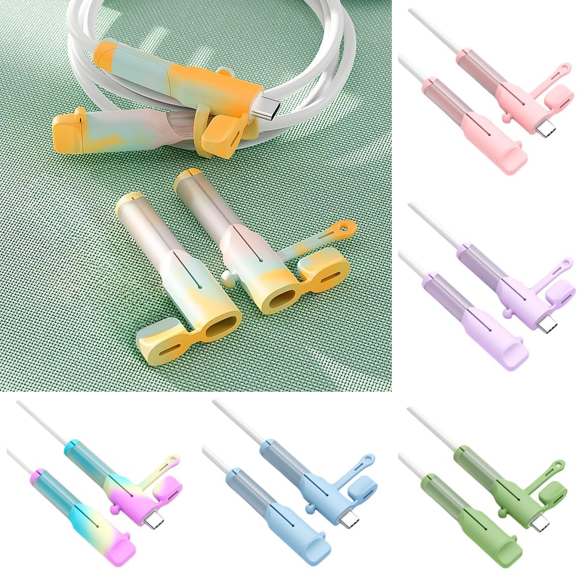 USB C Charging Cable Protector 6 Sets (12pcs) Compatible with Android Type C Data Cable, Silicone Non-Slip Cord Savers, 3 in 1 Dustproof+Organizer+Protection, 6 Colors Wire Cover for Home & Office