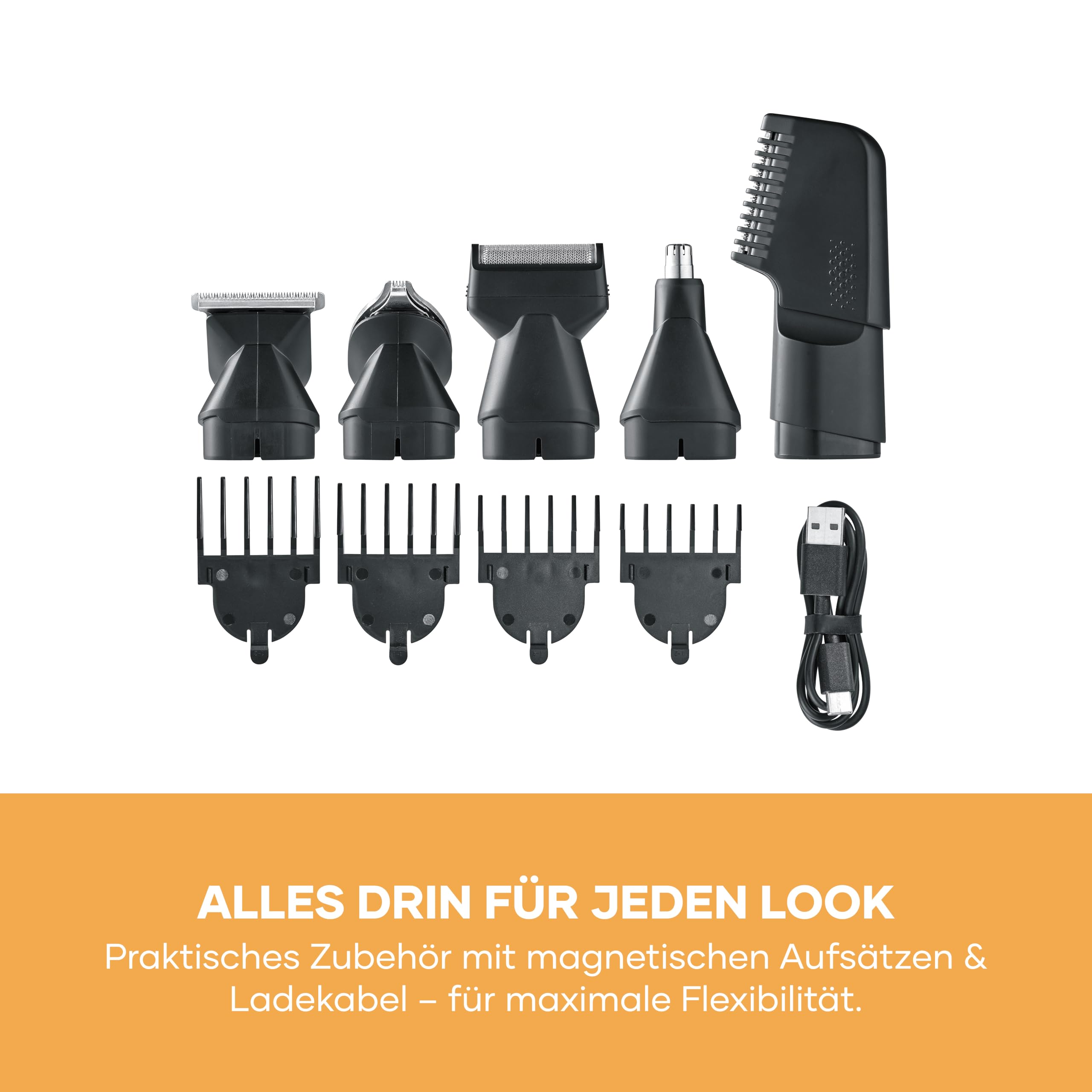 Severin Multi Grooming Set, Haarschneidemaschine, Barttrimmer, Körpertrimmer, Nasenhaartrimmer, Herren, wasserdicht, kabellos, 90 Min. Akku, 6 in 1, 3/6/9/12 Schnittlängen, schwarz, HS 0710