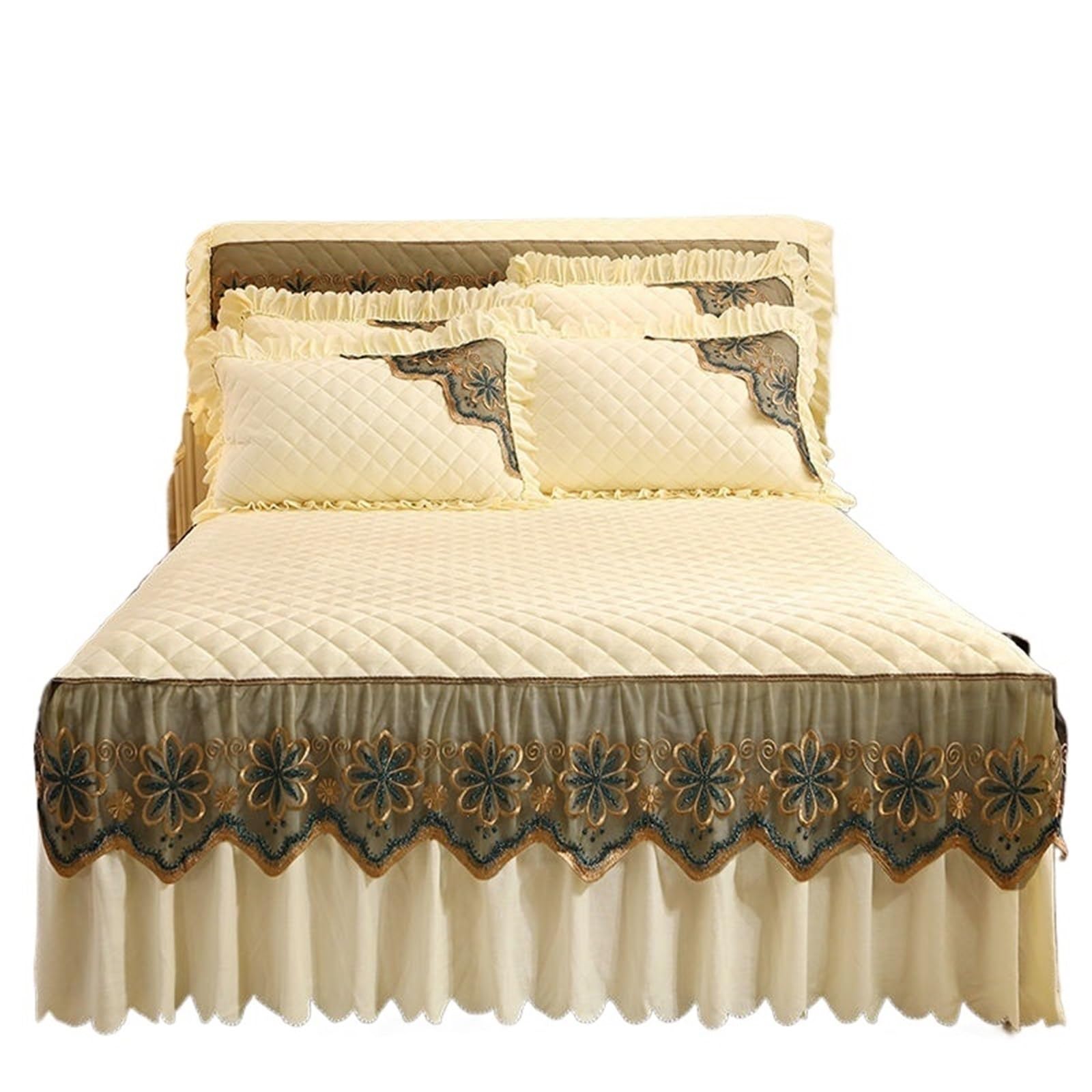 Quilted Bed Skirt Winter Warm Thicken Velvet Bedspread King Good Hand Feeling Not Included Pillowcase(Beige,1pc Skirt 150x200cm)