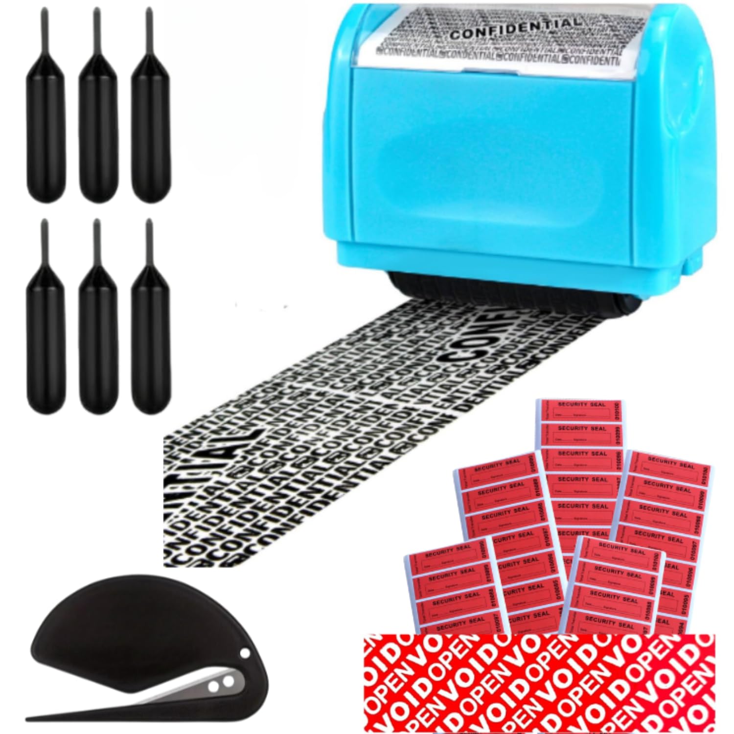ConfidStamp Address Blocker Wide Roller Stamp,Confidential Roller Wide Stamp with 4-Pack Refills, Blue, 34mm