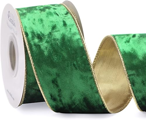 Vista 47 de Ribbli - Cinta de terciopelo dorado verde oscuro metálico con alambre de 2.5 pulgadas, cinta navideña de terciopelo arrugado para envoltura, decorar