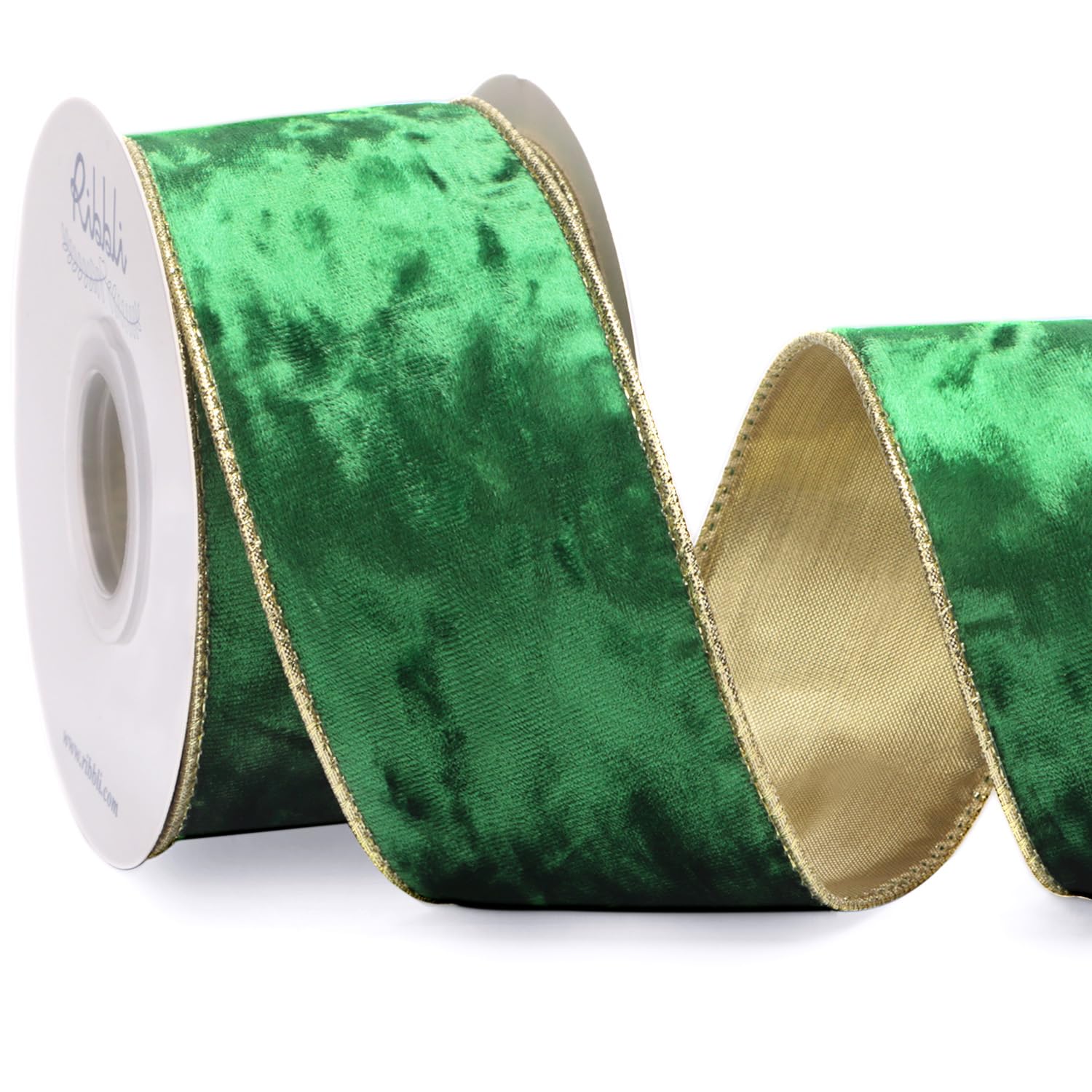 Ribbli Emerald Green Velvet Wired Ribbon 2.5 Inch Metallic Green Crushed Velvet Christmas Ribbon for Gift Wrapping Christmas Tree Decoration Crafts