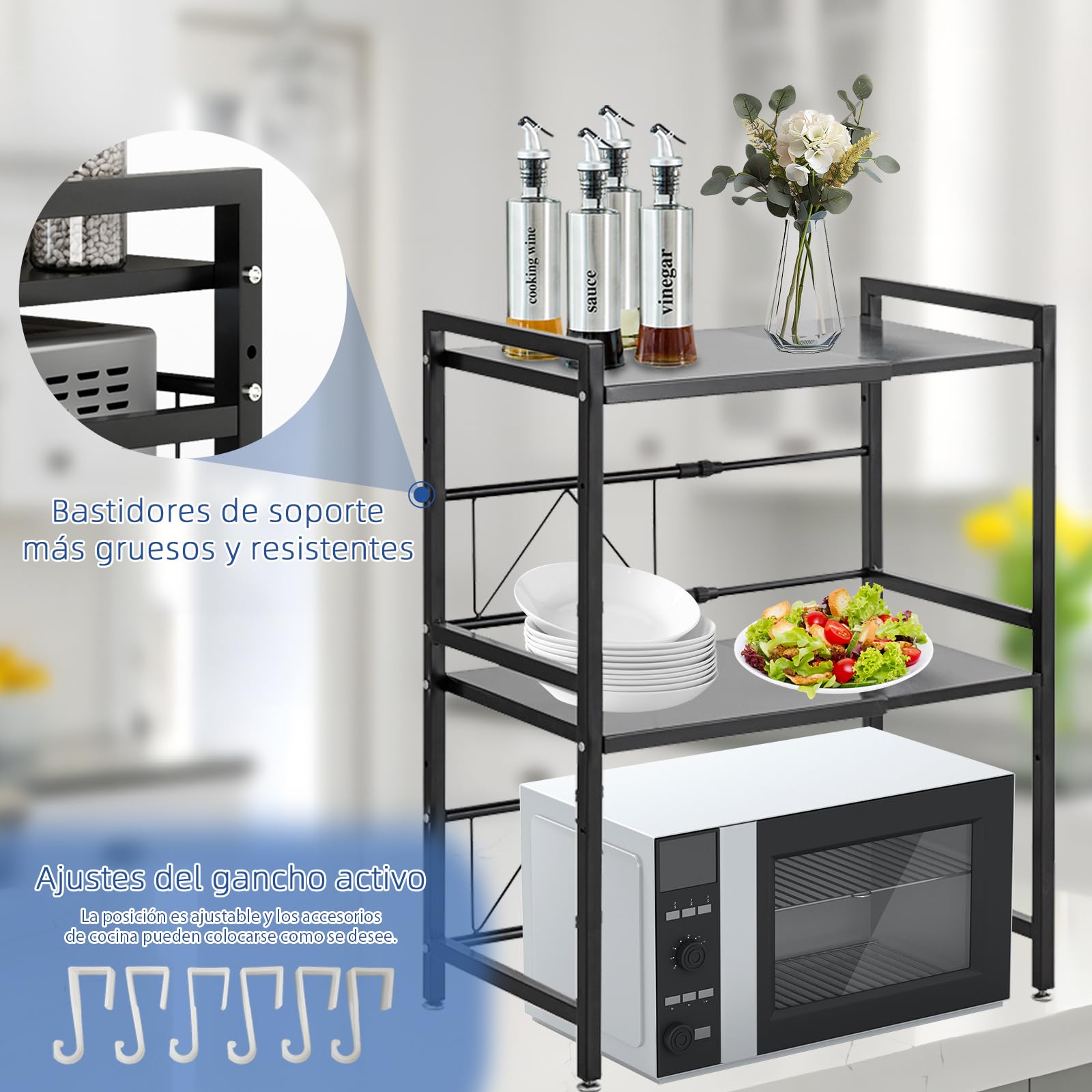 Estantería para microondas, 2 Niveles, Ajustable, 42 – 64 cm, 75 kg de Capacidad de Carga de Acero Inoxidable, Altura Regulable, Estante de Cocina con Gancho (Negro)