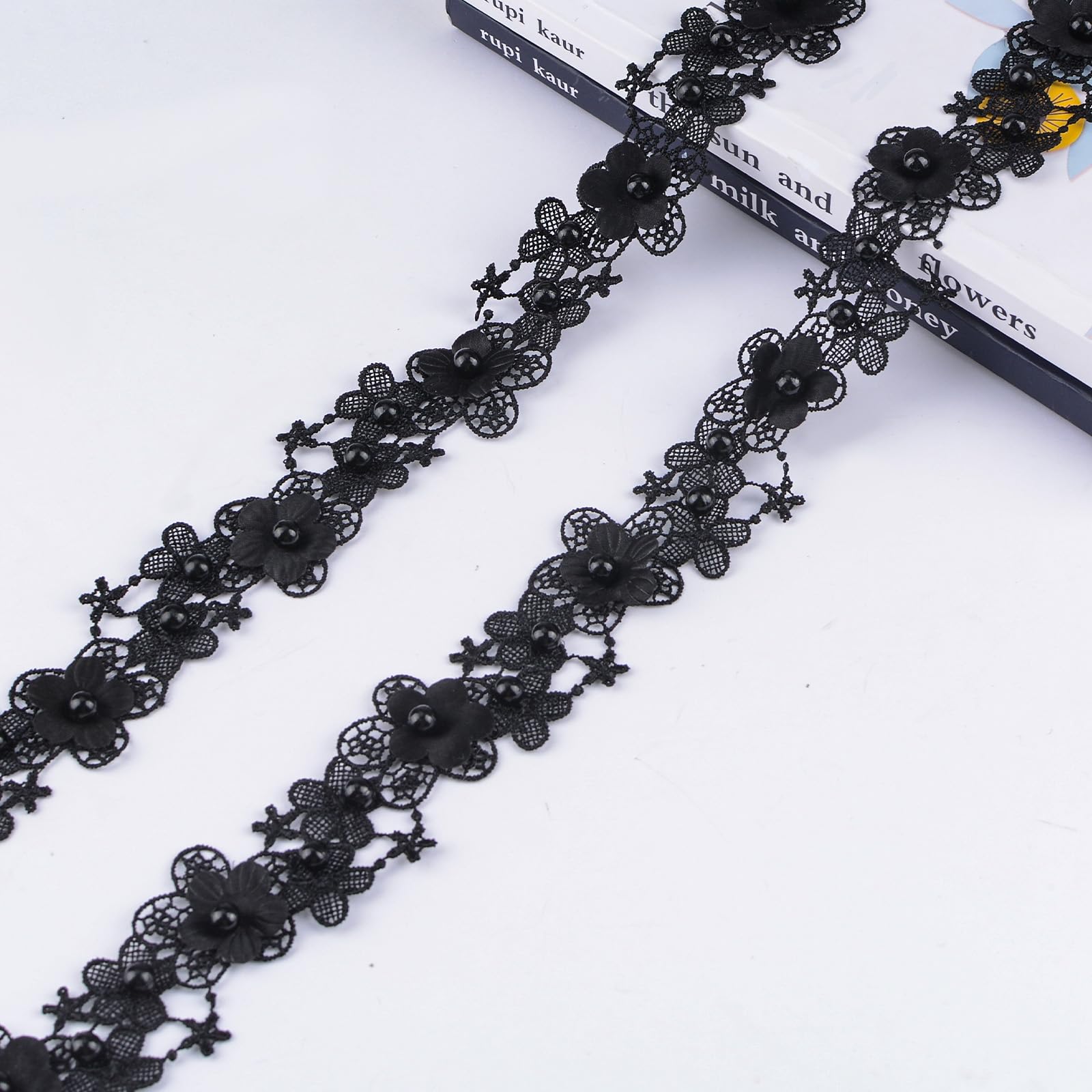 URROMA Black Flower Lace Trim, 2Yds Lace 3D Small Flower Nail Bead Sew On Floral Embroidered Applique Patch, 3.5cm Wide