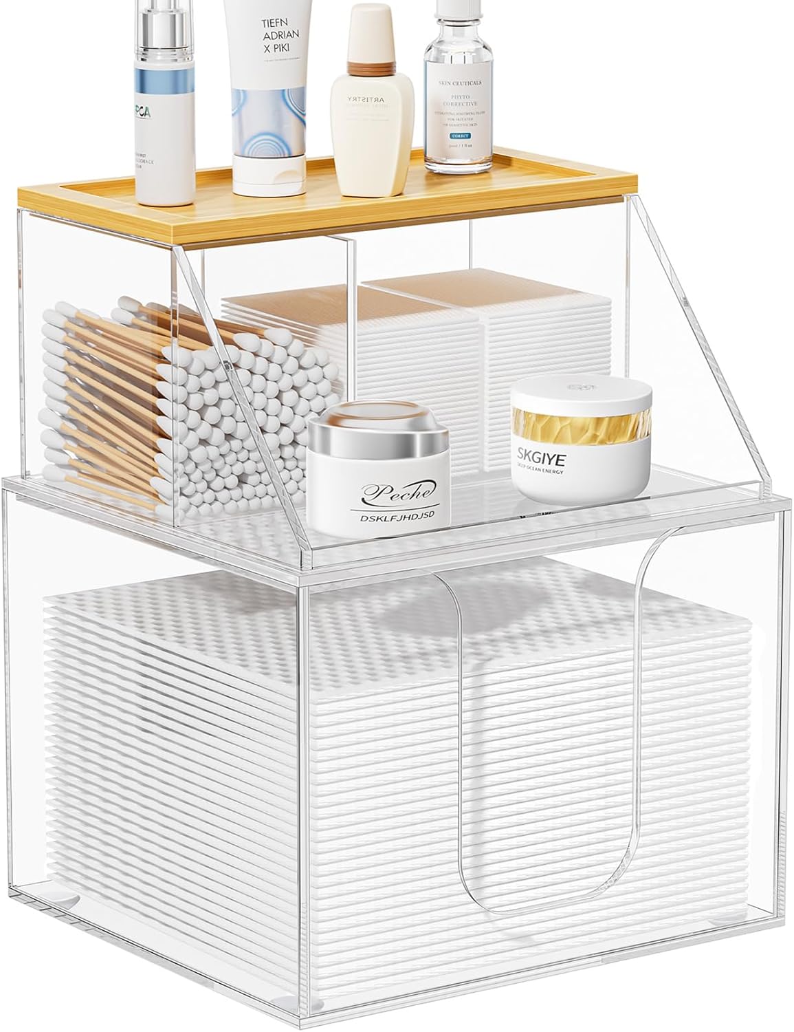 VITVITI Acrylic Disposable Face Towel Holder, 2 Tier Facial Towels Box for XL Clean Skin Club, Face Towels Wipes Container Cotton Pads Q-tip Holder for Bathroom Bamoo Lid, Clear