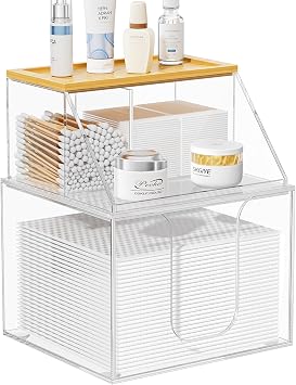 VITVITI Acrylic Disposable Face Towel Holder, 2 Tier Facial Towels Box for XL Clean Skin Club, Face Towels Wipes Container Cotton Pads Q-tip Holder for Bathroom Bamoo Lid, Clear