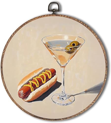 Yorhifa Arte de pared enmarcado de barra retro, arte de pared redondo vintage de perrito caliente y Martini sucio, decoración de paredes redondas,