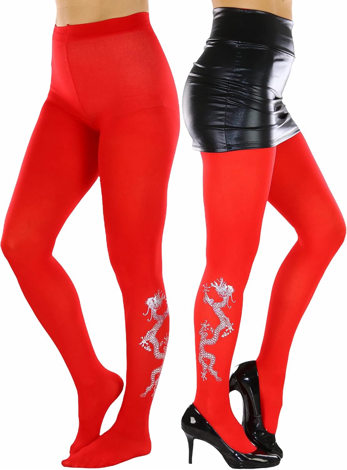 ToBeInStyle Women’s Opaque Pantyhose Tights w/Silver Metallic Dragon Print