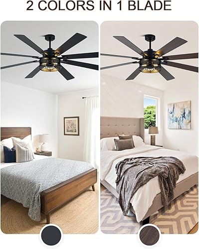 Miniatura 5 de Ventilador de techo rústico de 72 pulgadas con luces y control remoto, gran ventilador de techo rústico negro, lámpara industrial enjaulada, motor