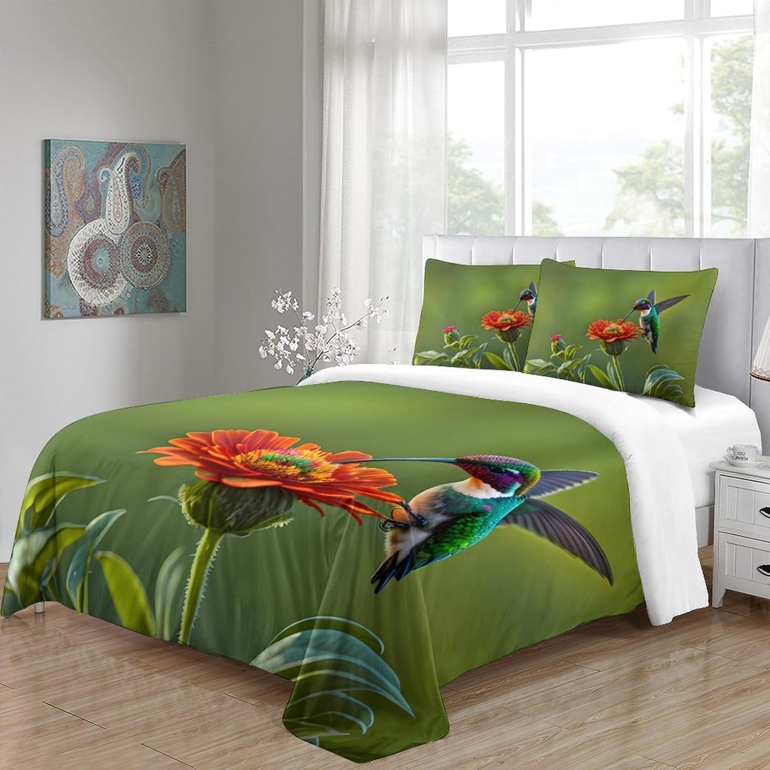 Funda Nordica Cama 180 Colibrí Ropa de Cama 3D Motivos Botánicos 3 Piezas Suave Transpirable Microfibra Funda Nórdica 260x240 cm y 2 Fundas de Almohada 50x75 cm C.2634