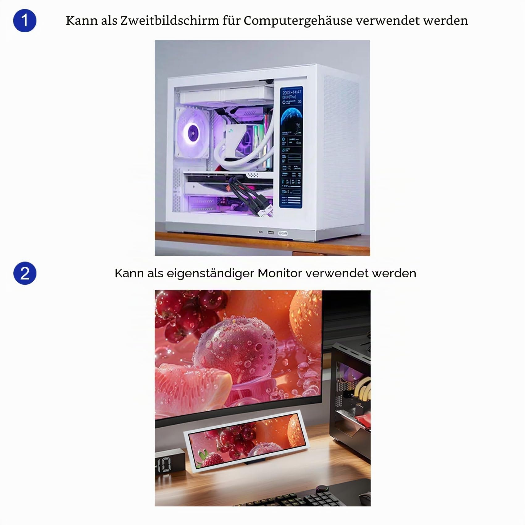 VSDISPLAY 9,1 Zoll IPS LCD Monitor für D32 PC-Gehäuse & Zweitbildschirm | 462x1920 Ultra-Wide-Display, 400 Nits, DIY CPU GPU Temp Monitor