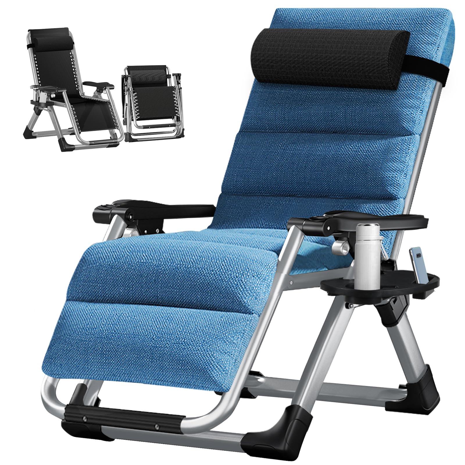 Obqer Folding Zero Gravity Chair, 440LBS Heavy Duty Sun Lounger, Adjustable Garden Recliner with Cushion and Side Holder, Extra Wide, No Assembly Required, Sun Loungers for Garden Terrace Poolside