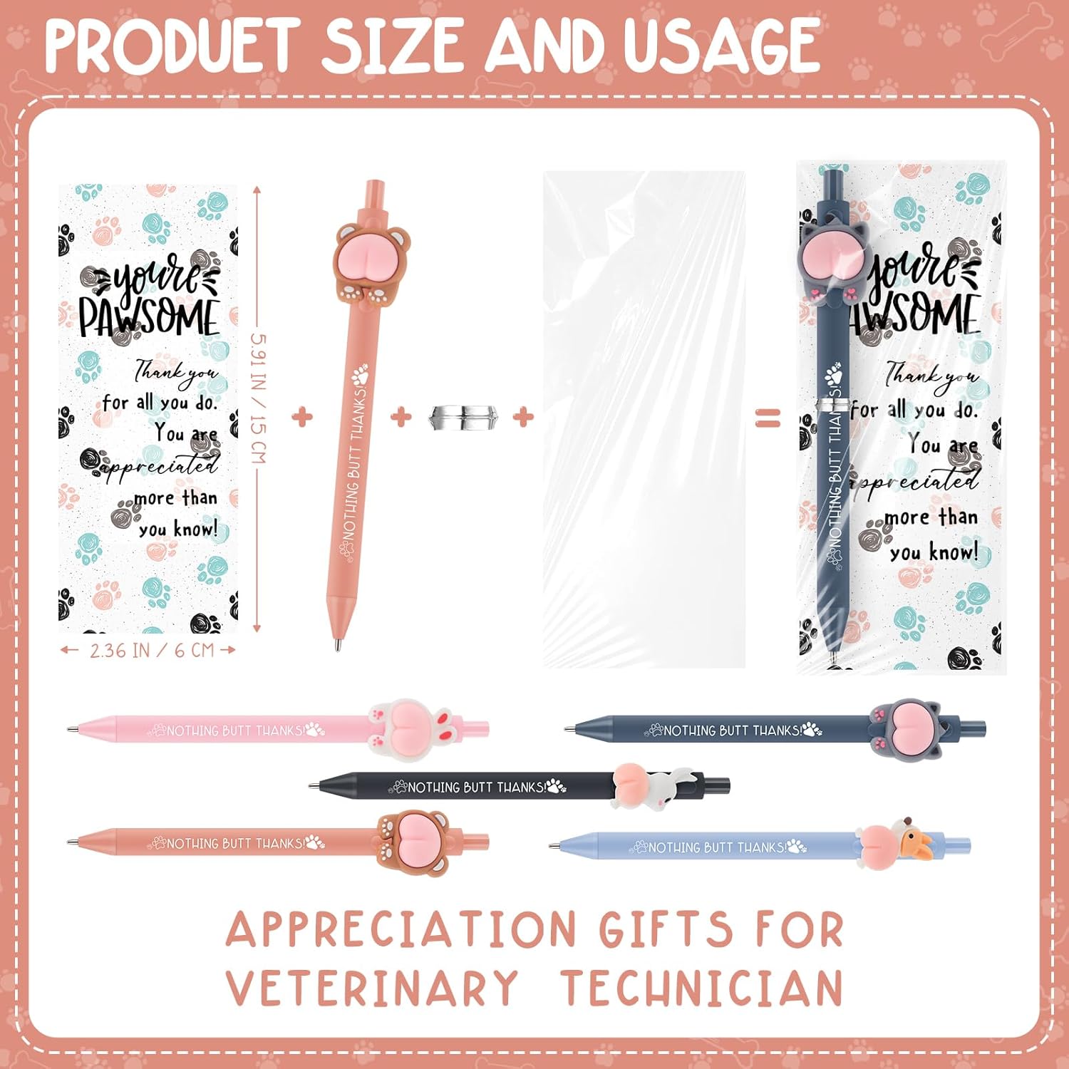 Geyoga 20 Sets Appreciation Gift for Coworker Vet Tech Bulk Animal Pens with Dog Thank You Card Paw Bookmark Cute Funny Pen Social Worker Month Gift for Vet Technologist Staff Pet Lover Women (Animal) - Image 3