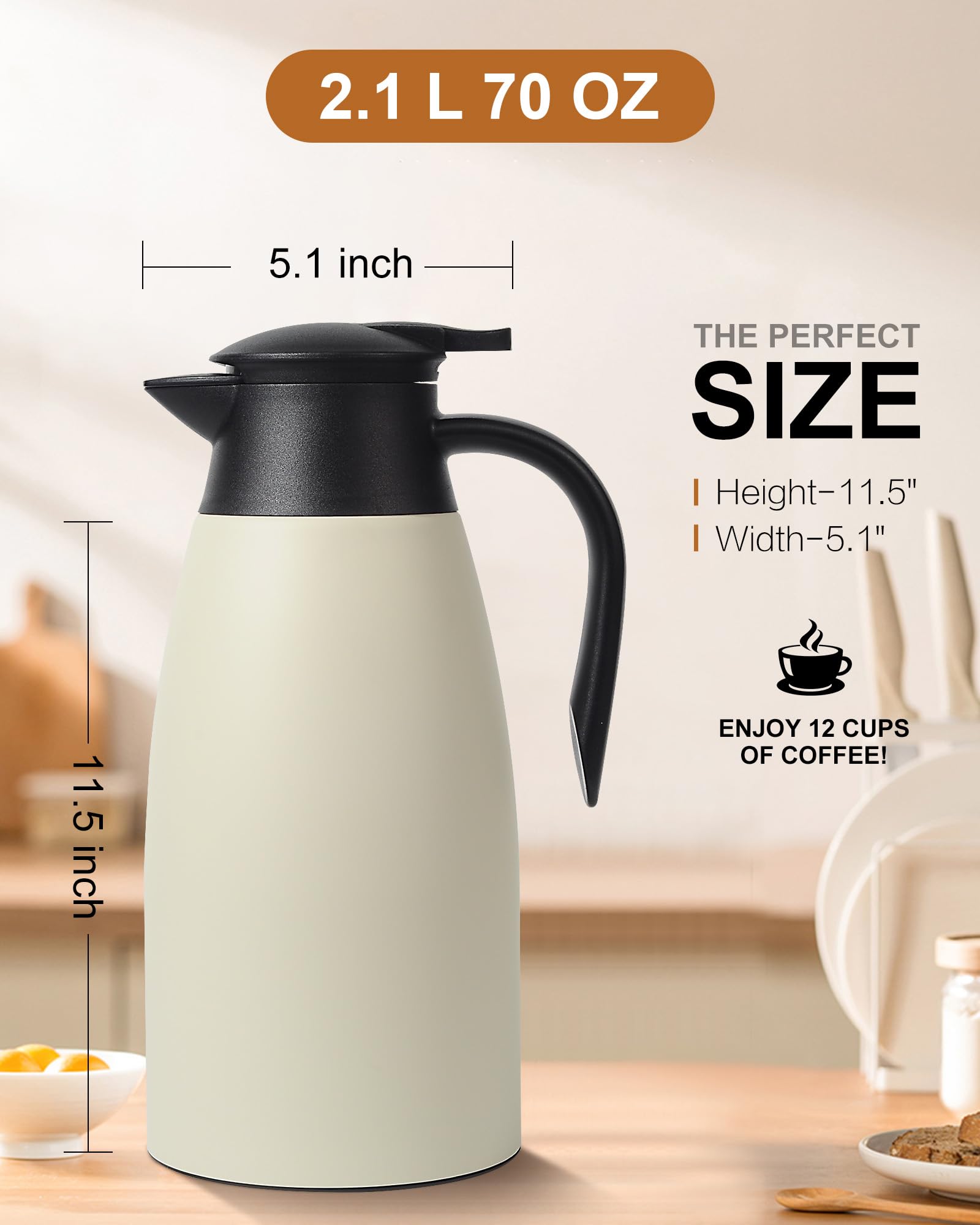 Jarra térmica de café de 70 onzas, jarra de café de acero inoxidable aislada actualizada para mantener el café caliente y el agua caliente, 12 horas, jarra de café al vacío de doble pared (blanco)