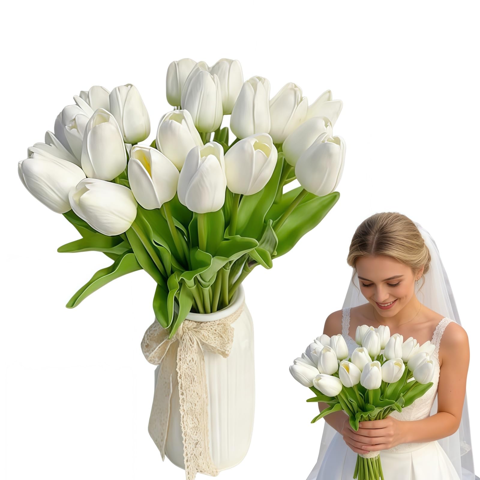 HUANYO 10pcs Real Touch Artificial Tulip Flowers, Fake Tulips Bouquet for Wedding, Home, Garden and Party Decoration (White)