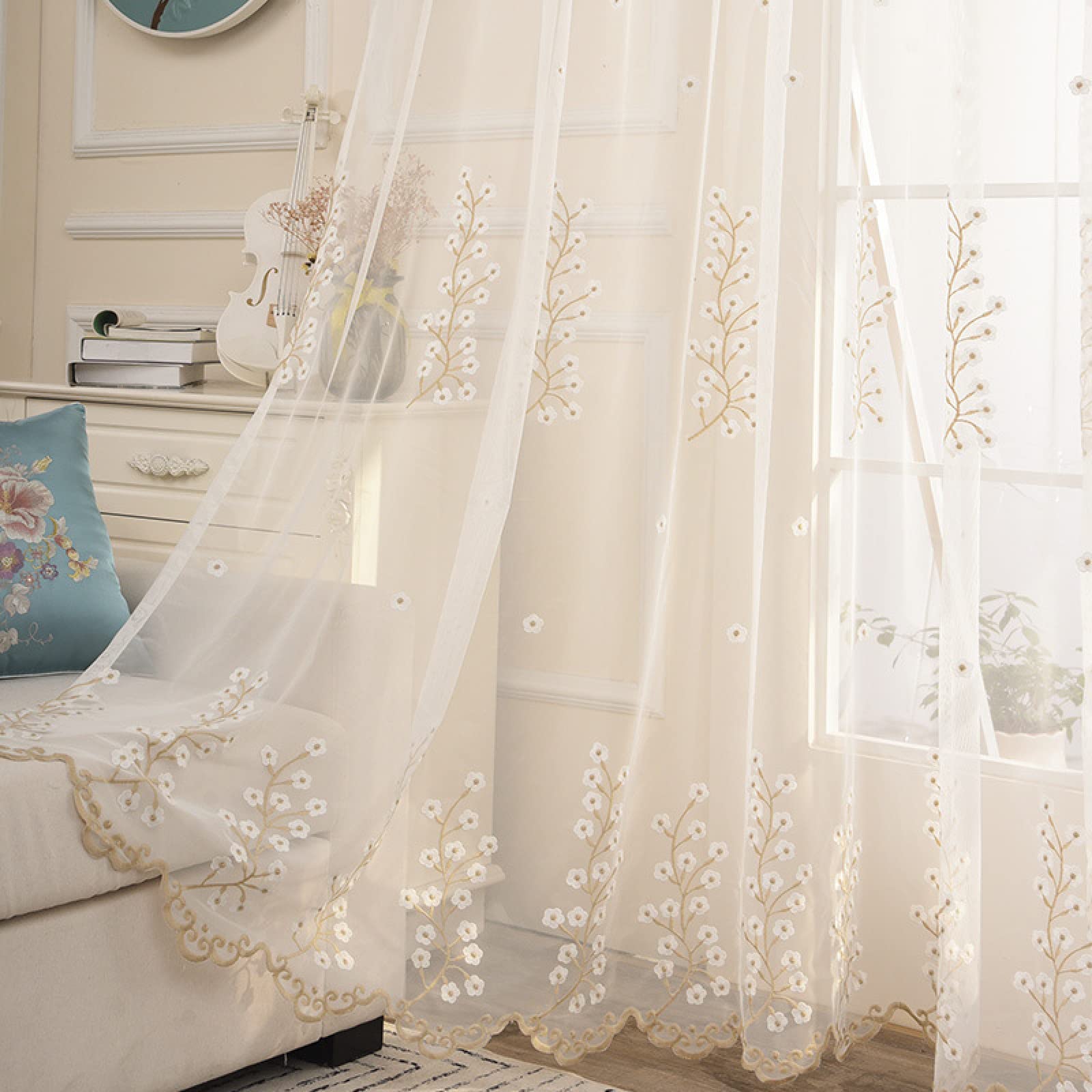 2 Piezas Cortinas Salon Modernas Visillos Poliéster Visillo semitraslúcido con Ollaos para Casa Decoracion Dormitorio, Salón o Habitación - 229 x 274cm(An x Al) Ciruela Beige