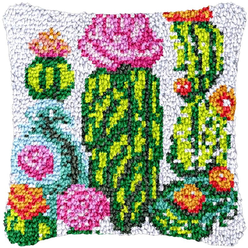 Cactus Blossom Beginner Latch Hook Kits Pillow Making Sofa Cushion Cover Latch Hook Carpet Rug Acrylic Yarn Preprinted Cancas Pillowcase Craft Kits Needlework for Home Decor 43x 43cm