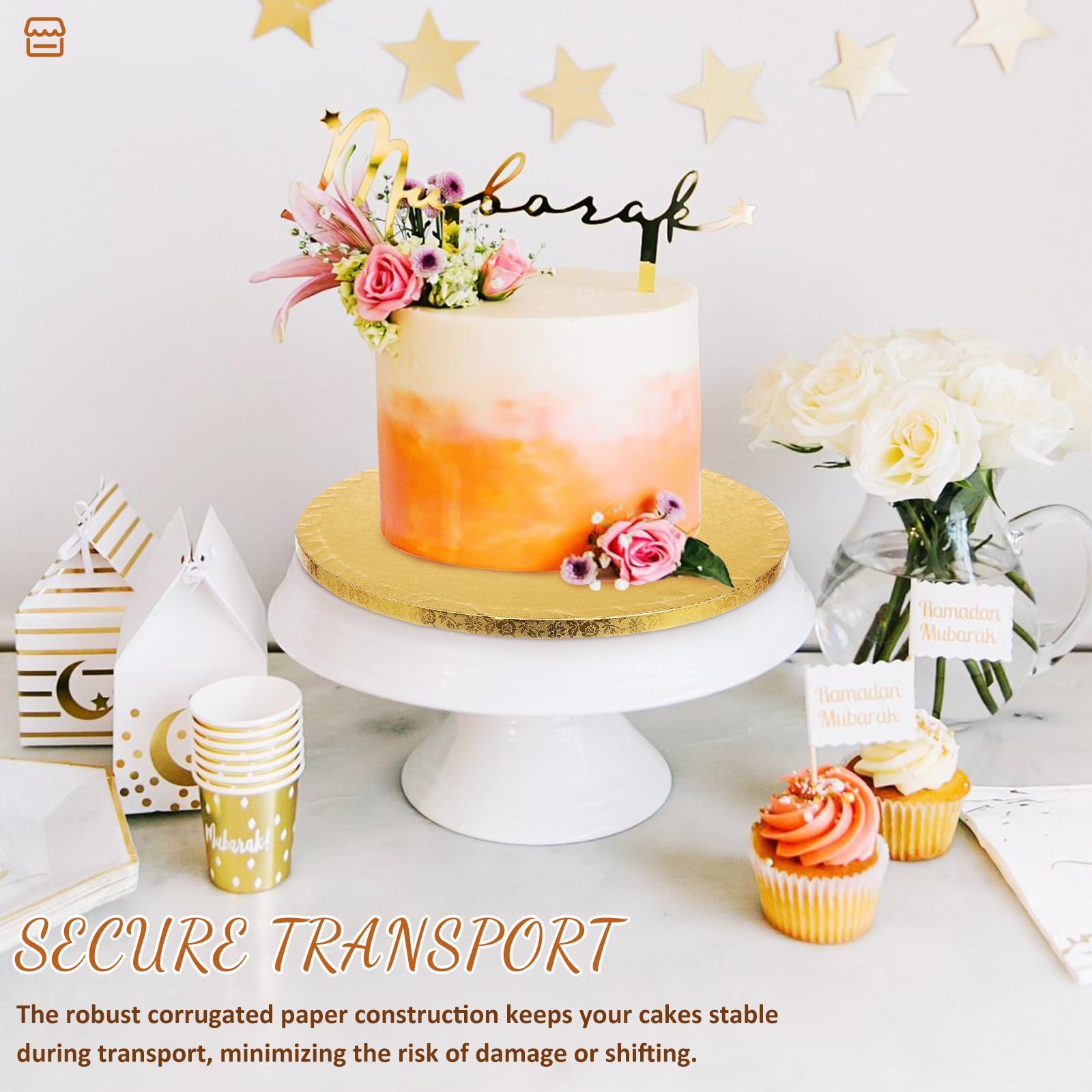 10 Pièces Plateau à Gâteaux Rond en Papier Or 12 Pouces, Support