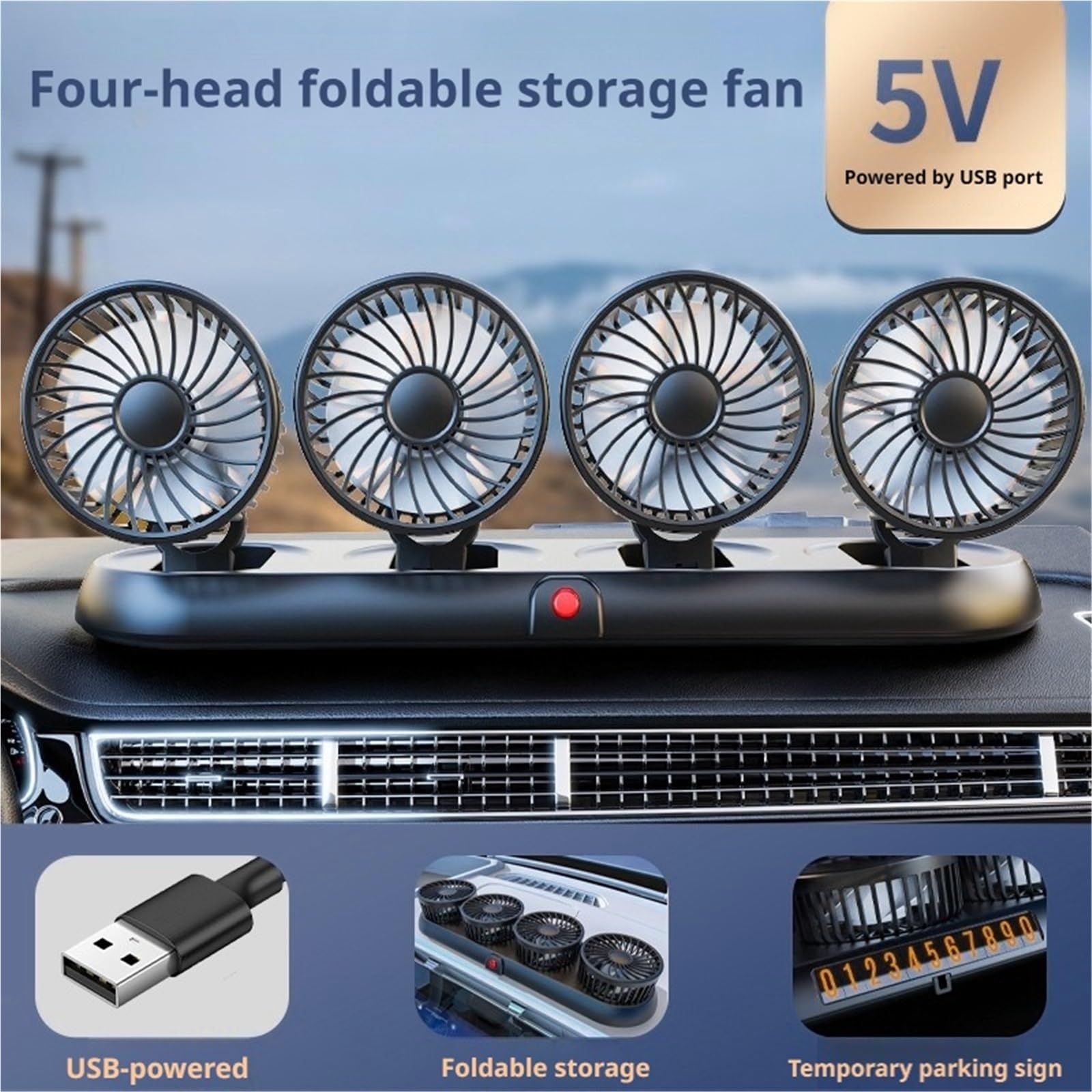 Ventilatore Elettrico Automobilistico Regolabile A 360° Auto USB 5V/12V/24V | Ventola USB 5V//12V/24V Ventola silenziosa per auto a 3 velocità per casa, scrivania, ufficio e auto(White 4-head 5V)