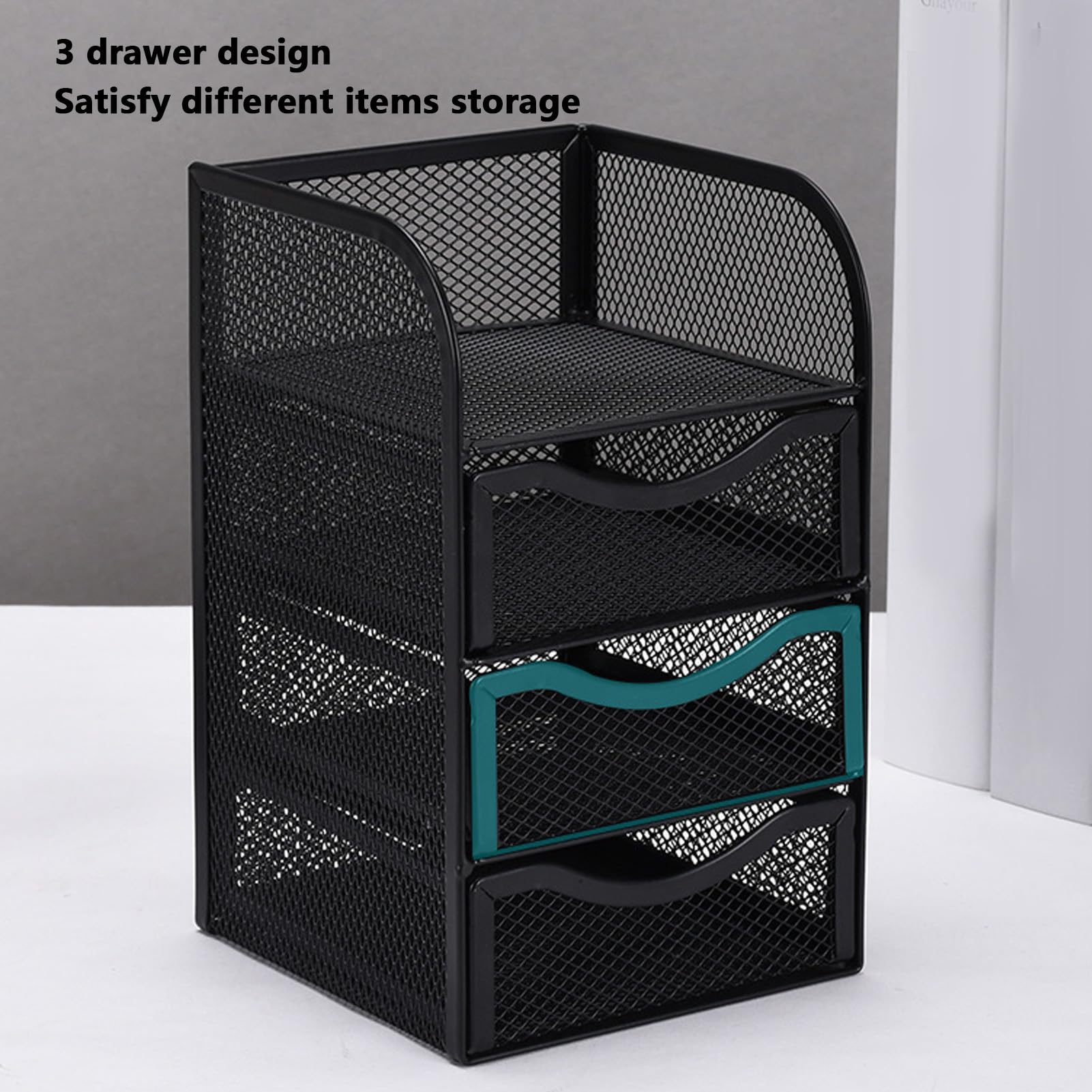 Organizzatore Scrivania Metallo Maglia 3 Cassetti Antiscivolo Cancelleria