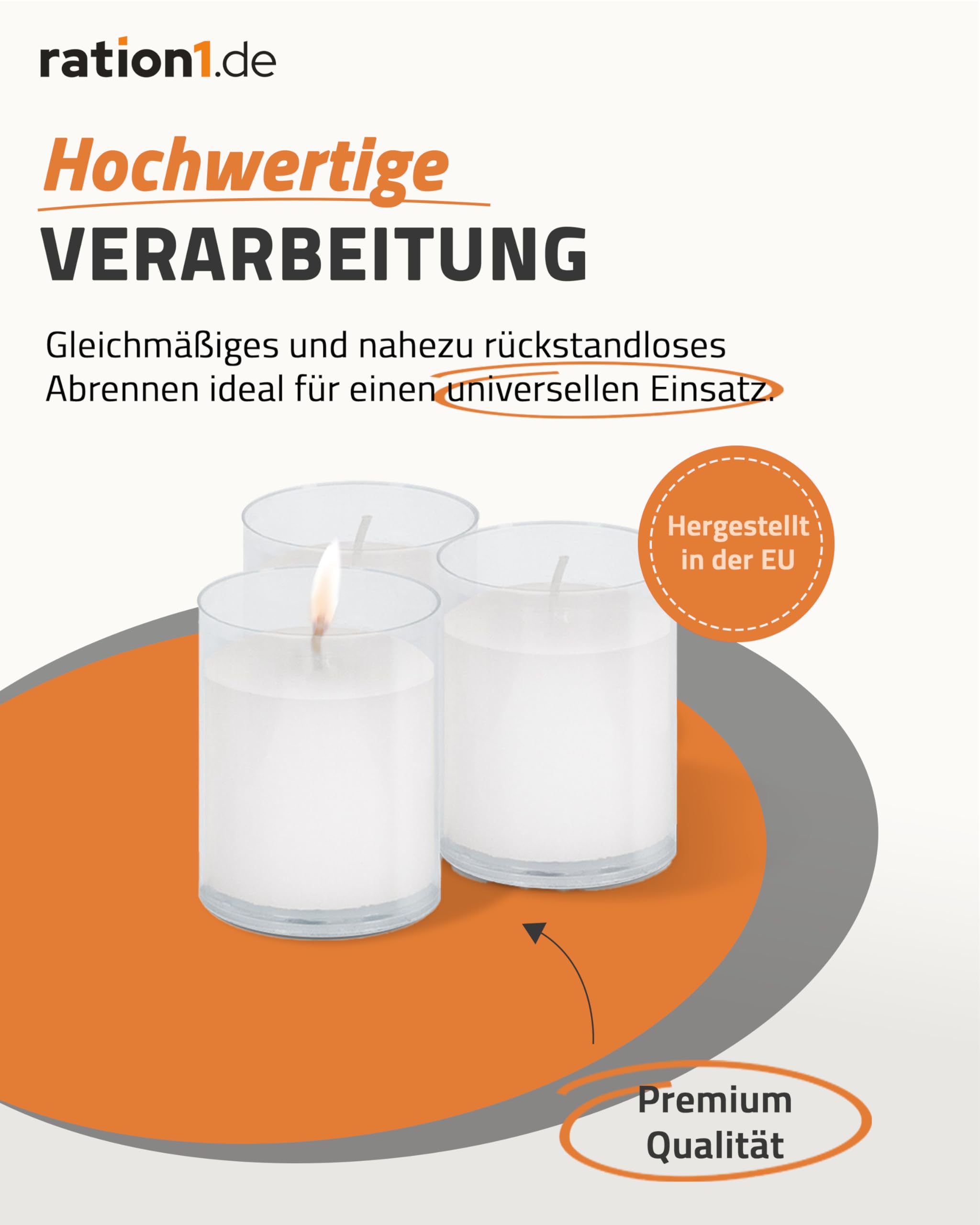 ration1 Teelichter Set 100 Stück, Kerzen mit 24 Stunden Brenndauer, Transparente Kunststoffhülle, weiß, ohne Duft, für Innen & Außen, Feste, Gastro, Balkon, Camping, Outdoor, Zuhause & Notfall
