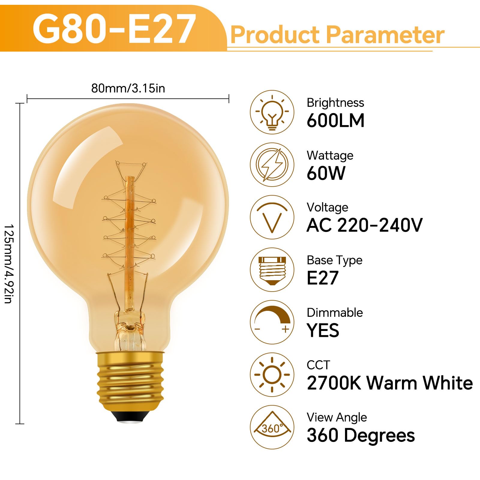 E27 Vintage Edison Light Bulbs Dimmable, Amber Glass Warm White 2700K, 600 Lumen, ES Edison Screw, G80 Globe Vintage Bulb - Image 2